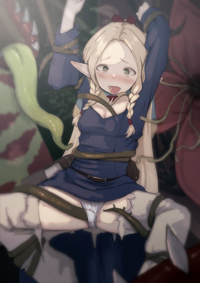 arms_up blonde_hair blue_tunic blush braid breasts cleavage commentary_request dress_lift dungeon_meshi elf female forehead green_eyes grey_pantyhose highres long_hair long_sleeves marcille_donato open_mouth panties pantyhose plant pointy_ears restrained_by_tentacles side_braids small_breasts spread_legs sukoyasu_r tentacle tentacle_on_breast tentacle_on_pussy tentacle_sex tentacle_under_panties tentacles_around_arms tentacles_around_legs tentacles_under_clothes tongue tongue_out torn_clothes torn_pantyhose twin_braids underwear vine_tentacles white_panties