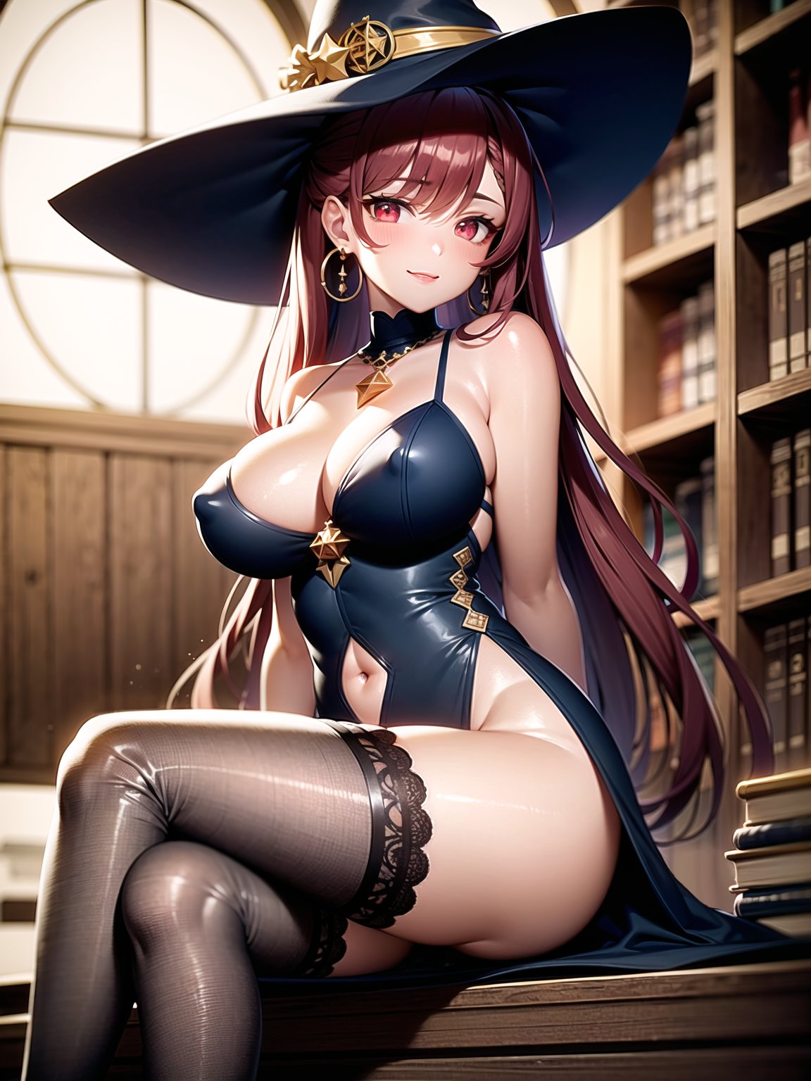 2023, ai generated, big breasts, breasts, curvaceous, curvy body, curvy female, female, female focus, female only, high resolution, long hair, red hair, stable diffusion, voluptuous female, witch hat