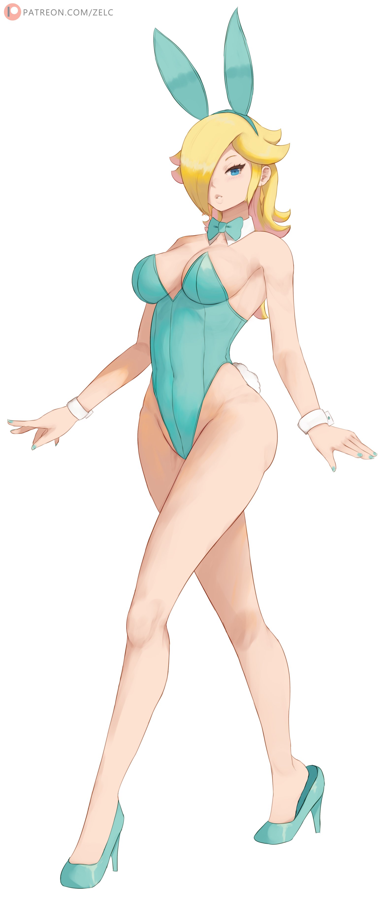 1girls, 2024, ass, big ass, big breasts, big thighs, bimbo, blonde hair, blue eyes, breasts, bunny costume, bunny ears, bunny girl, bunny tail, bunnysuit, female, high heels, long hair, looking at viewer, mario (series), nintendo, one eye covered, one eye obstructed, princess rosalina, side ass, simple background, solo, super mario galaxy, thighs, white background, white skin, yellow hair, zelc-face