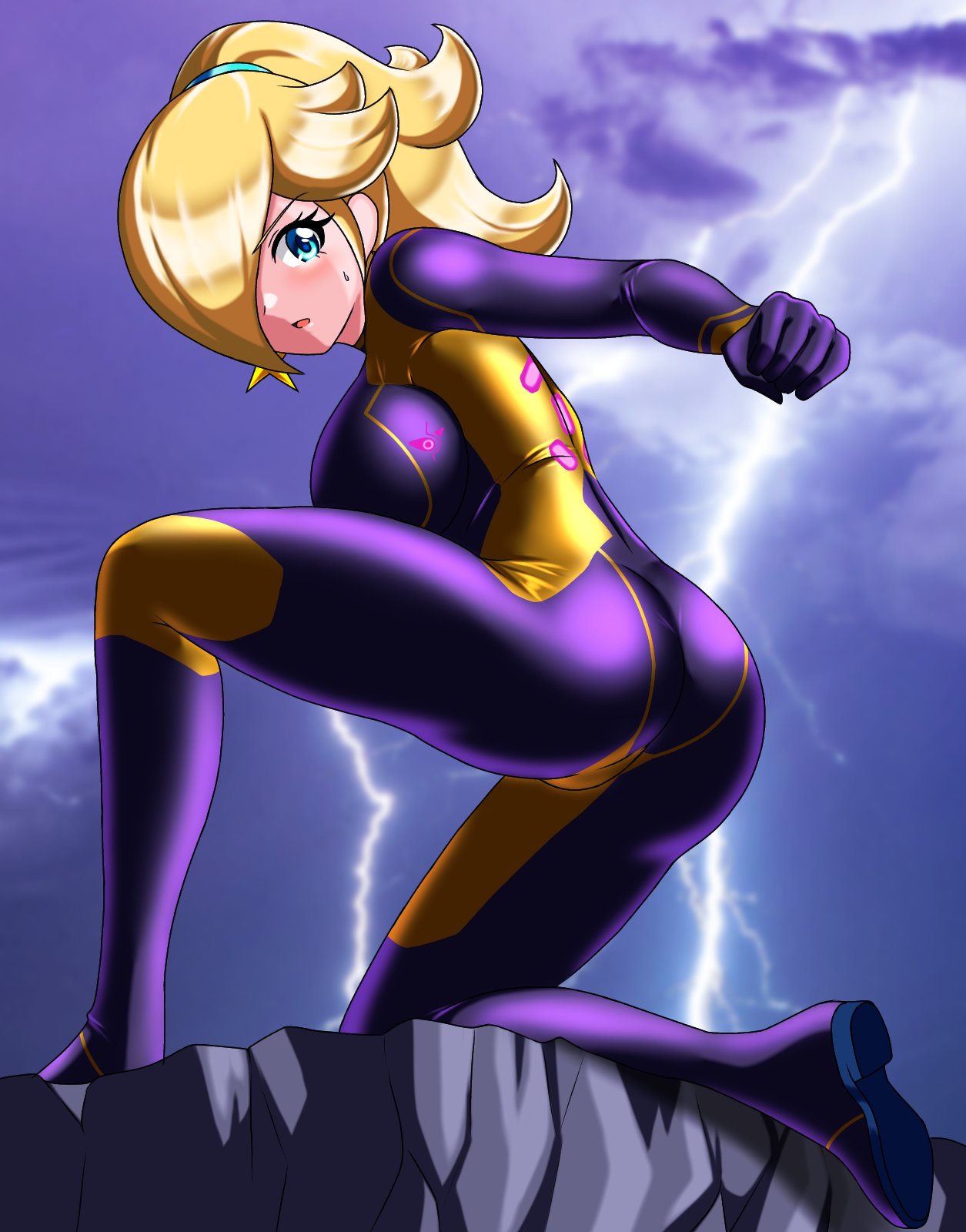 1girls 5_fingers ass blonde_hair blue_eyes bodysuit clothing female female_focus female_only hair human irohazakayouth jpeg mario_(series) nintendo princess_rosalina rubber rubber_clothing rubber_suit shiny_clothes sideboob solo super_mario_galaxy sweat tagme tight_clothing