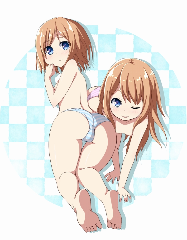 2013 2girls ass blue_eyes brown_hair butt feet flat_chest flat_chested long_hair neptunia_(series) panties panty_pull ram_(neptunia) rom_(neptunia) short_hair tagme toes