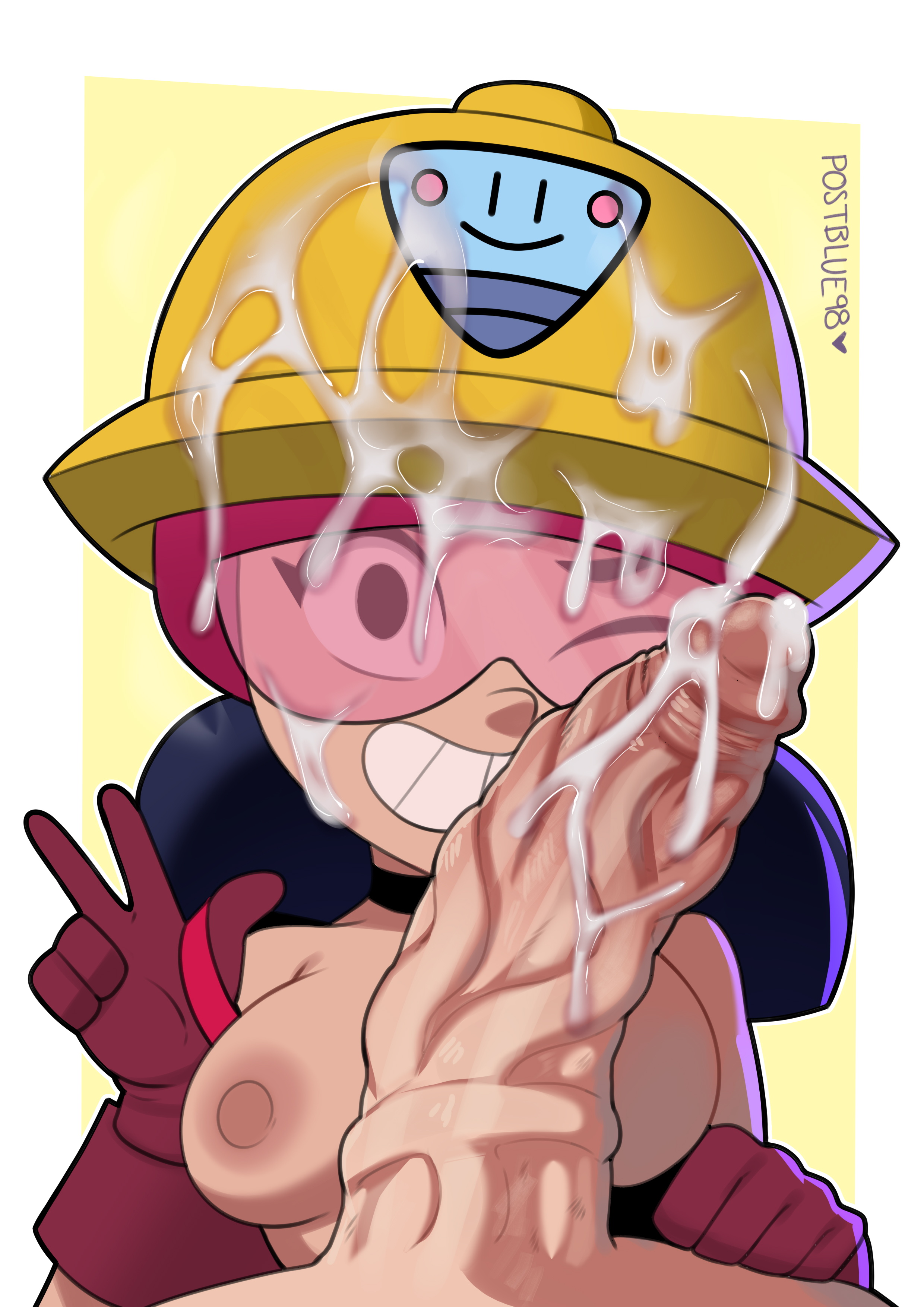 brawl stars, cum on eyewear, cum on face, curved to the right penis, dick, female, jacky (brawl stars), male, penis, pink-tinted eyewear, postblue98, tagme, tinted eyewear, visor