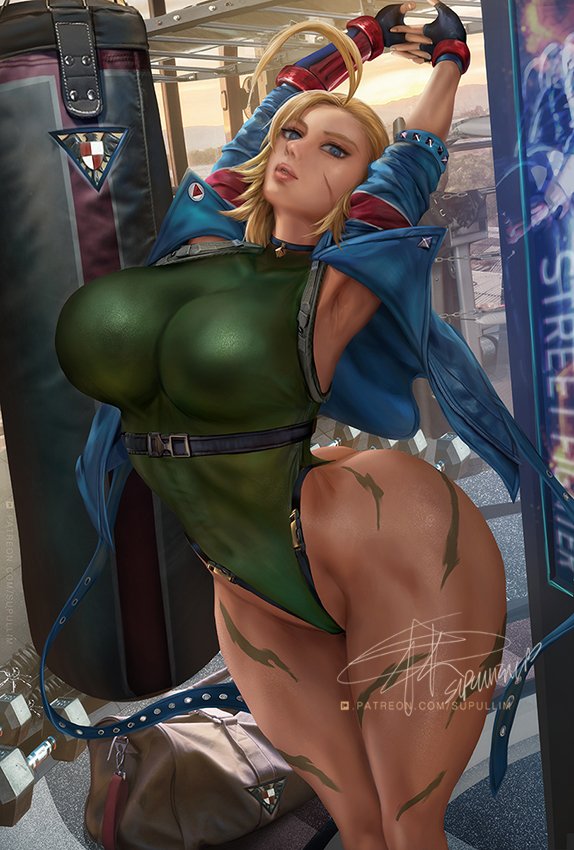 1girls, arms up, ass, bare legs, bare thighs, big ass, big breasts, big butt, blonde hair, blue eyes, breasts, breasts bigger than head, cammy white, clothed, clothing, color, female, female focus, female only, fit, fit female, gym, hi res, jacket, large breasts, leotard, light skin, light-skinned female, looking at viewer, muscular, muscular female, scar, short hair, solo, solo female, street fighter, stretching, supullim, tagme, thick thighs