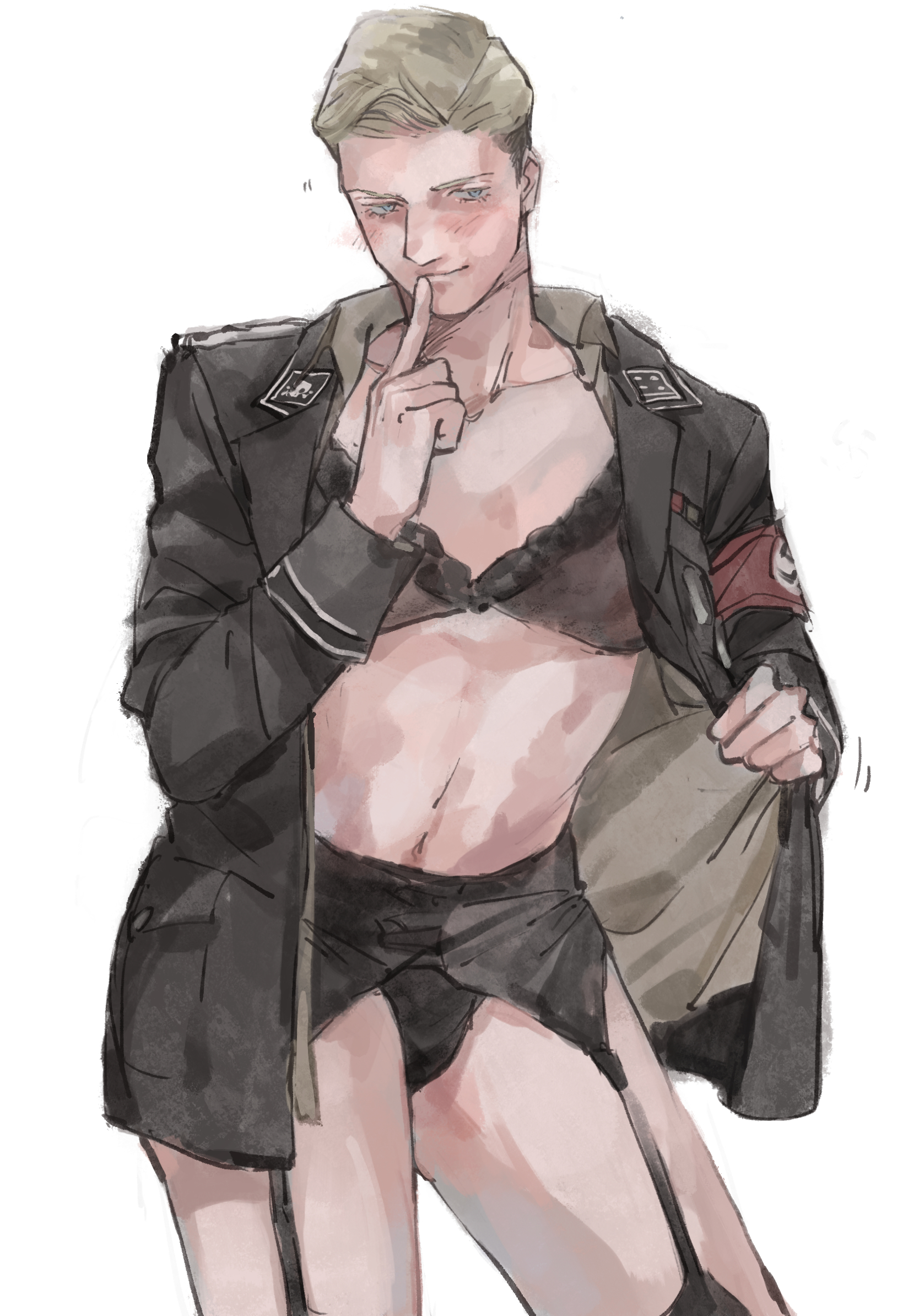 altn 0721, aryan, blonde hair, blue eyes, blush, caucasian, caucasian male, crossdressing, gay, light skin, light-skinned male, lingerie, male, masculine crossdresser, military uniform, nazi, nazi armband, nazi uniform, showing off, solo, standing, swastika, swastika armband, tagme, twink, underwear, waffen-ss, world war 2, yaoi
