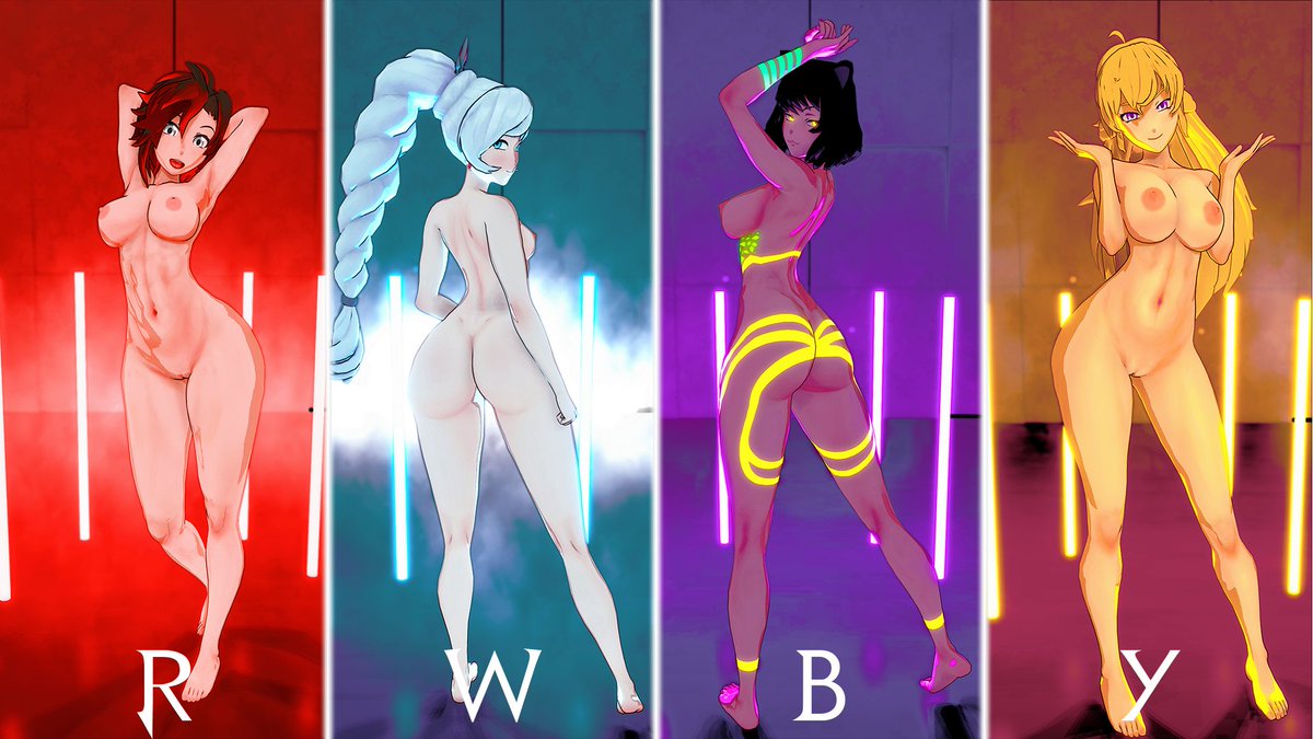 3d, 4girls, armpits, arms behind head, ass, big ass, big breasts, black hair, black-haired female, blake belladonna, blonde female, blonde hair, blue eyes, breasts, busty, casual, confident, fat ass, female, female only, human, indrick [artist], large breasts, long hair, long-haired female, looking back, multiple females, multiple girls, navel, nude, nude female, pale skin, pose, posing, purple eyes, red highlights, ruby rose, rwby, seductive, seductive smile, sensual, sexy armpits, silver eyes, smile, team rwby, toned, weiss schnee, white hair, white-haired female, yang xiao long, yellow eyes