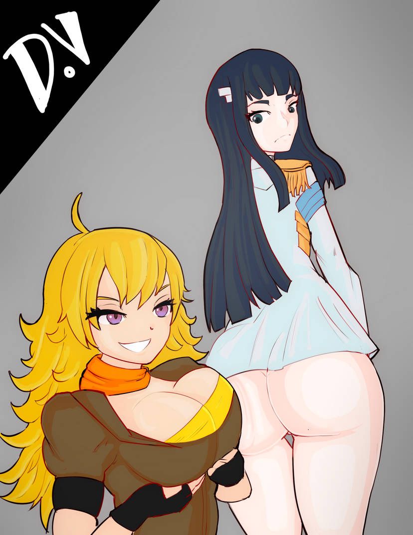 2girls ass ass_press ass_to_breasts boob_press breasts clothing crossover dweezyvox eastern_and_western_character frown kill_la_kill kiryuuin_satsuki rwby smirk yang_xiao_long