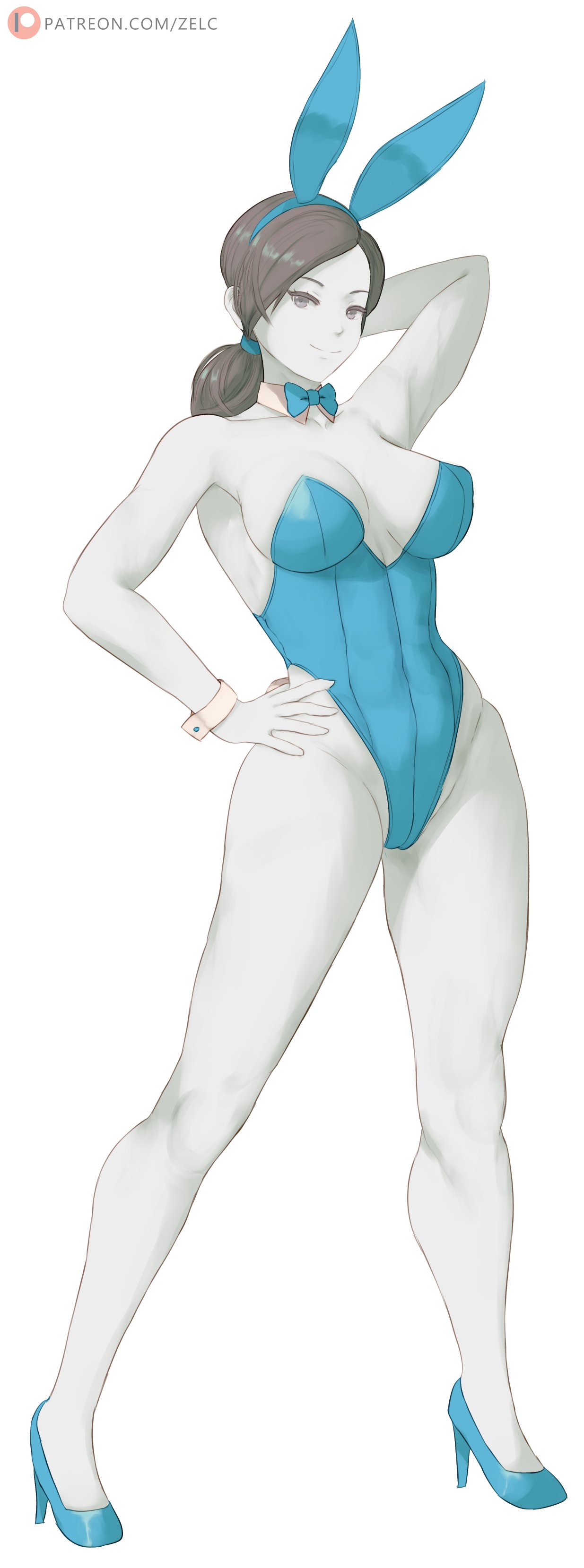 1girls, 2024, 2d, 2d (artwork), arms behind back, big thighs, black hair, breasts, bunny costume, bunny ears, bunny girl, bunny tail, bunnysuit, female, grey eyes, hand on hip, hands behind head, heels, high heels, light skin, light-skinned female, nintendo, pale skin, pale-skinned female, pony tail, ponytail, ribbon, shiny hair, shiny skin, solo, solo female, thighs, white skin, wii fit, wii fit trainer, wii fit trainer (female), zelc-face