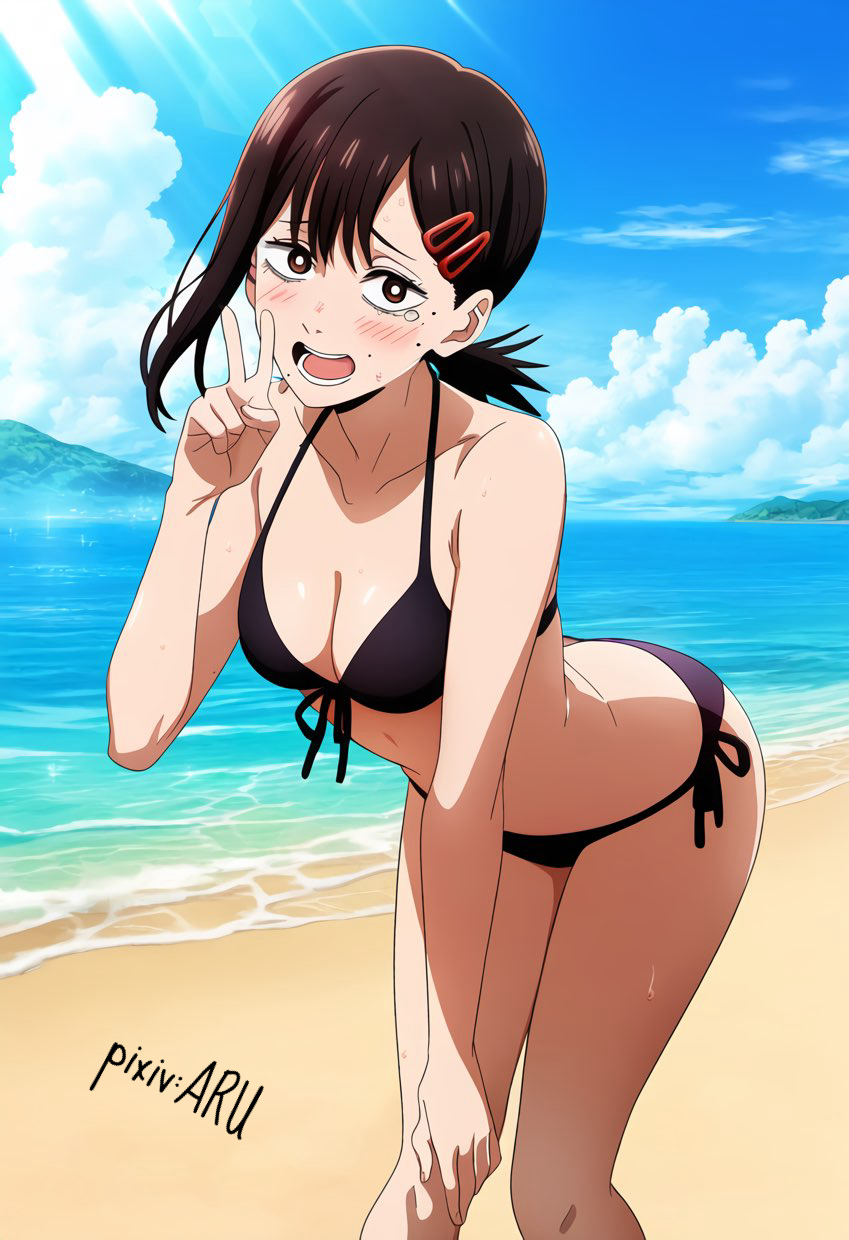 1girls, ai generated, bikini, black hair, blush, chainsaw man, embarrassed, embarrassed female, female, higashiyama kobeni, looking at viewer, mappa, peace sign, ponytail, solo, stable diffusion, v