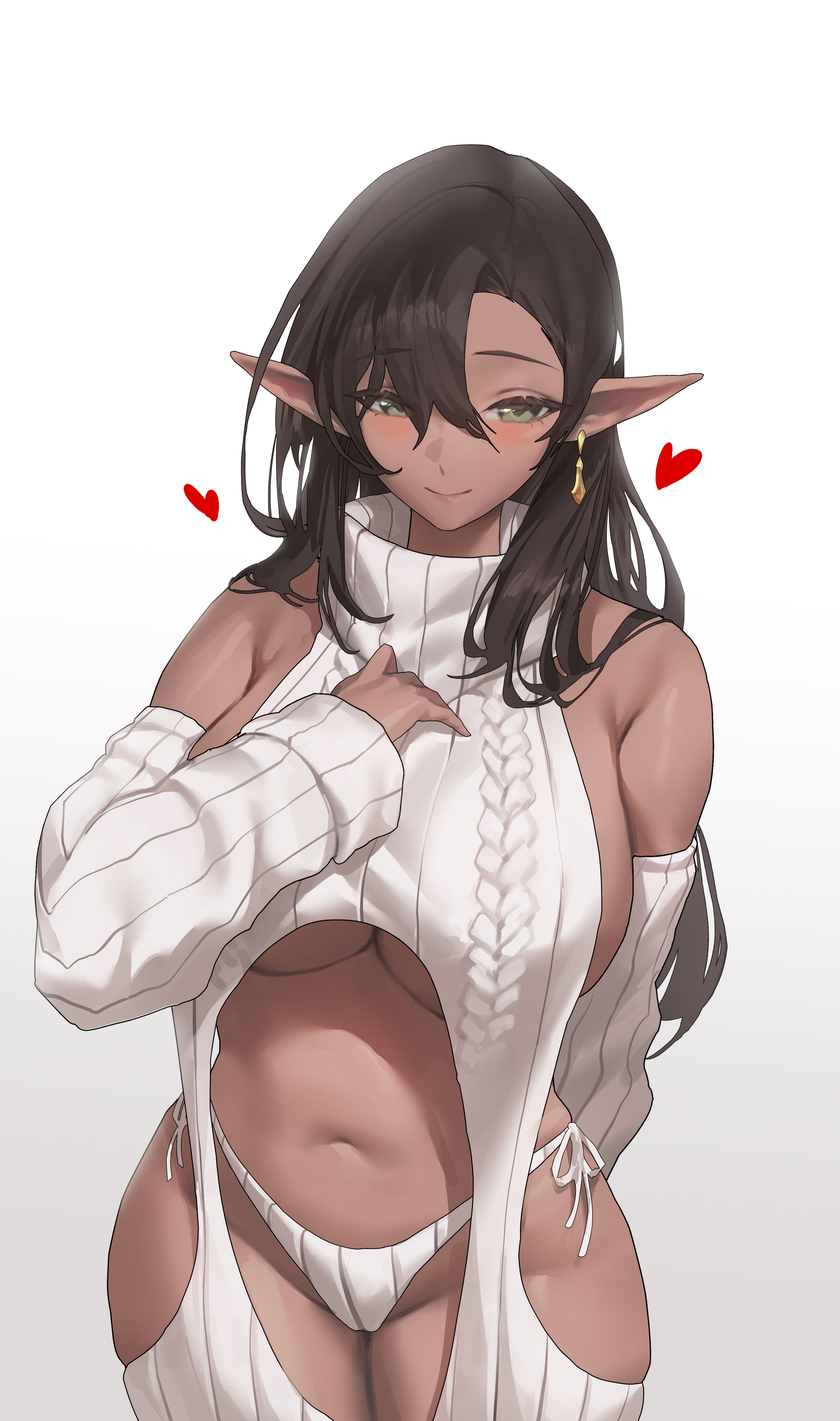 1girls, 2024, absurd res, bare shoulders, black hair, blush, breasts, clothing, dark elf, dark skin, dark-skinned female, detached sleeves, earrings, elf, eyebrows visible through hair, female, female only, gradient background, green eyes, grey background, gstiyl, hair between eyes, heart, highres, jewelry, large breasts, long ears, long hair, long sleeves, looking at viewer, midriff, navel, original, panties, pointy ears, revealing clothes, ribbed sweater, side-tie panties, sideboob, simple background, single earring, smile, solo, standing, sweater, thighhighs, turtleneck, turtleneck sweater, underboob, underwear, virgin destroyer sweater, white panties, white sweater
