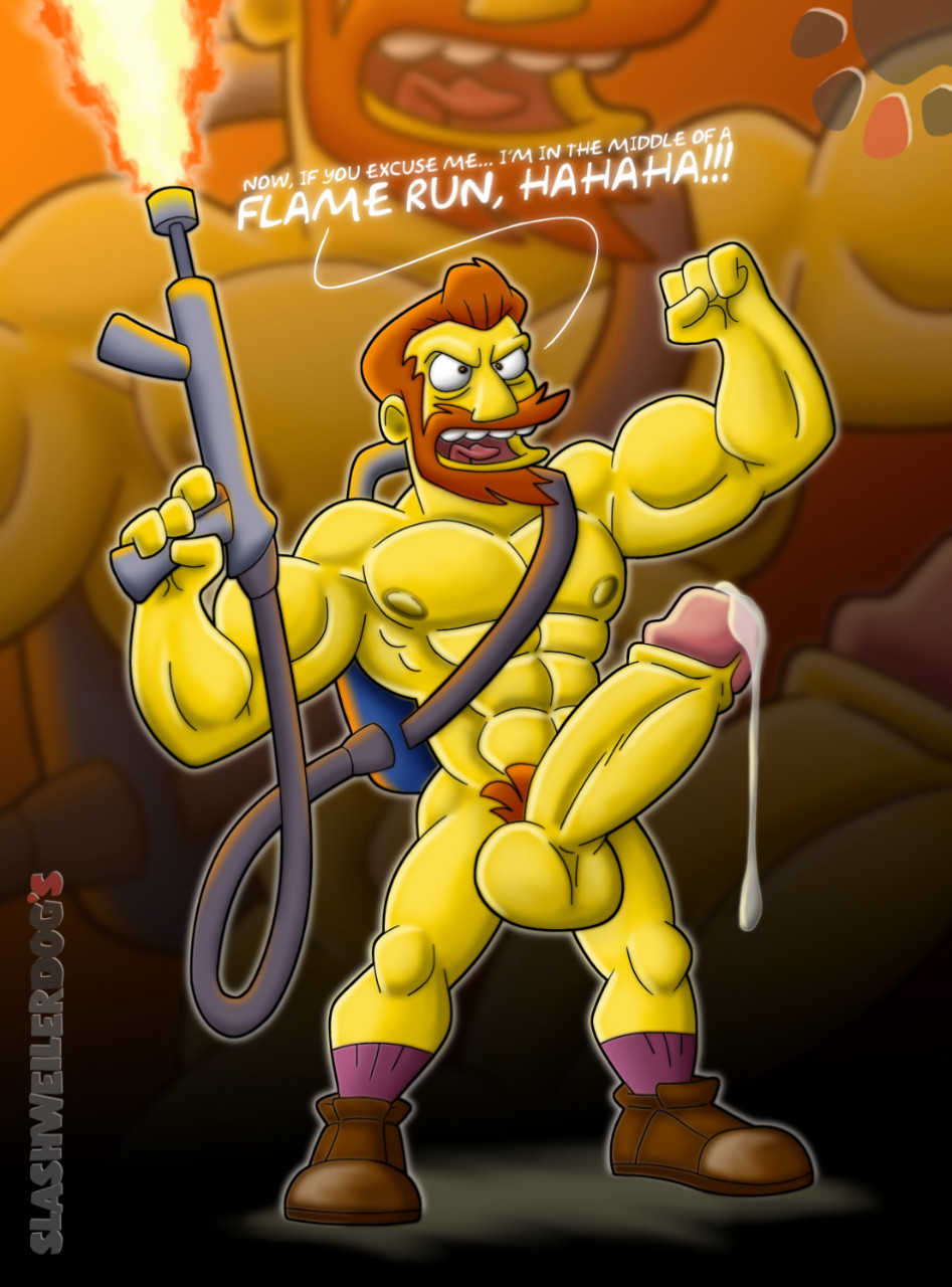 20th_century_fox abs fight_boner flamethrower hank_scorpio male_only naked penis precum red_hair shoes slashweilerdog smiling solo tagme tagme_(artist) the_simpsons weapon