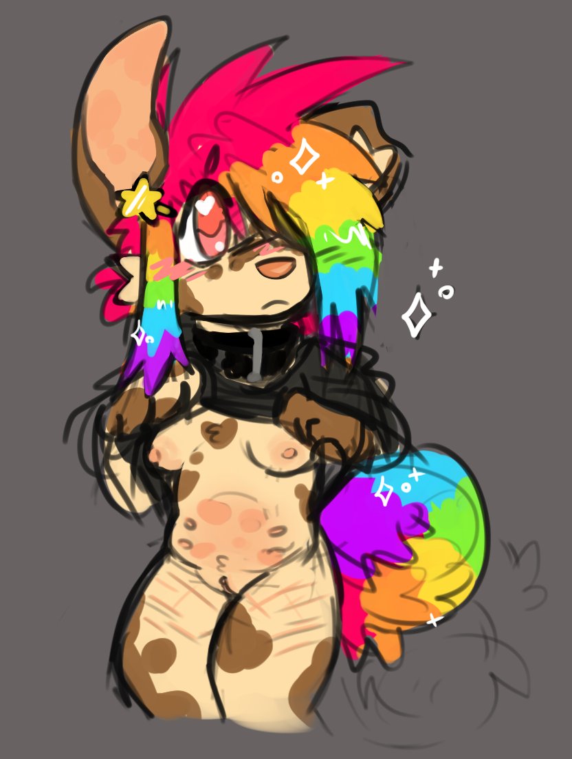 2023 anthro breasts canid canine female genitals hair mammal multicolored_hair nipples pussy rainbow_hair scene_hair scene_kid solo wastepaw