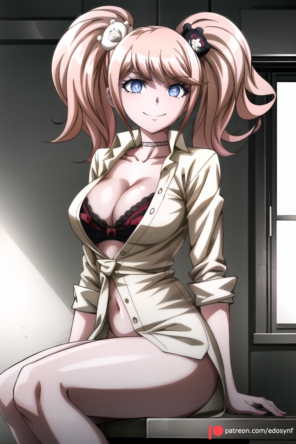 ai_generated bangs bear_hair_ornament black_bra blonde_hair blue_eyes bottomless bow bra breasts choker cleavage closed_mouth collarbone danganronpa danganronpa:_trigger_happy_havoc edosynf female hair_ornament highres indoors junko_enoshima large_breasts long_hair looking_at_viewer navel open_clothes red_bra shiny shirt sitting sleeves_rolled_up smile solo twintails underwear white_shirt