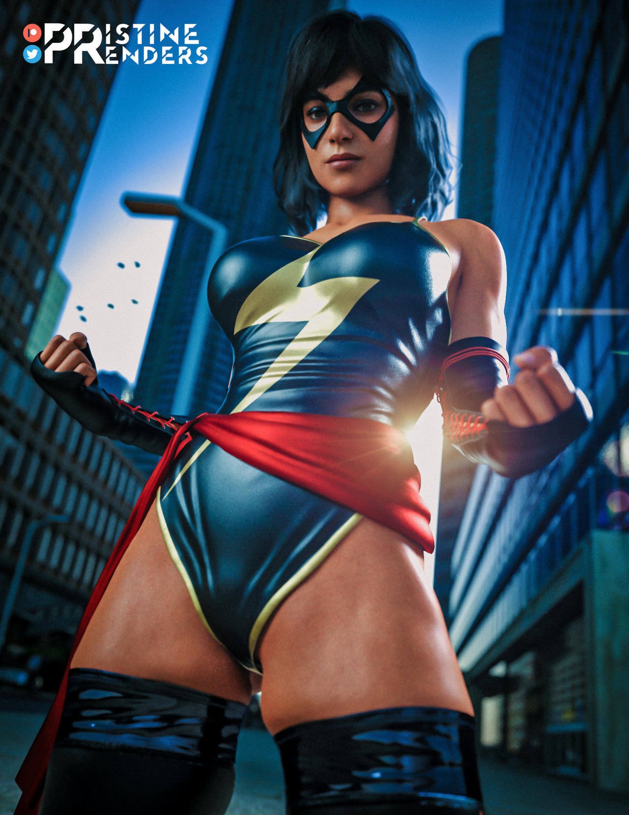 3d 3d_(artwork) artist_name birds boots brown_body brown_eyes brown_hair brown_skin brown_skinned_female city city_background costume gloves kamala_khan lamppost marvel marvel's_avengers_(game) marvel_comics mask masked_female ms._marvel ms._marvel_(carol_danvers)_(cosplay) ms._marvel_(kamala_khan) outdoors outside pristinerenders road scarf sky superhero superheroine