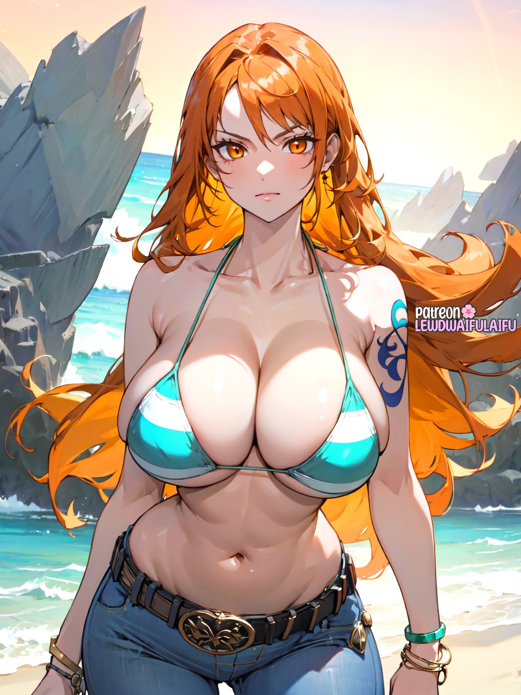 1girls, ai generated, bare shoulders, beach, big breasts, blush, breasts, clothed, clothing, color, female, female focus, female only, hi res, jeans, large breasts, lewdwaifulaifu, long hair, looking at viewer, nami (one piece), one piece, orange eyes, orange hair, post-timeskip, sand, shounen jump, solo, solo female, tagme, tattoo, thick thighs, water