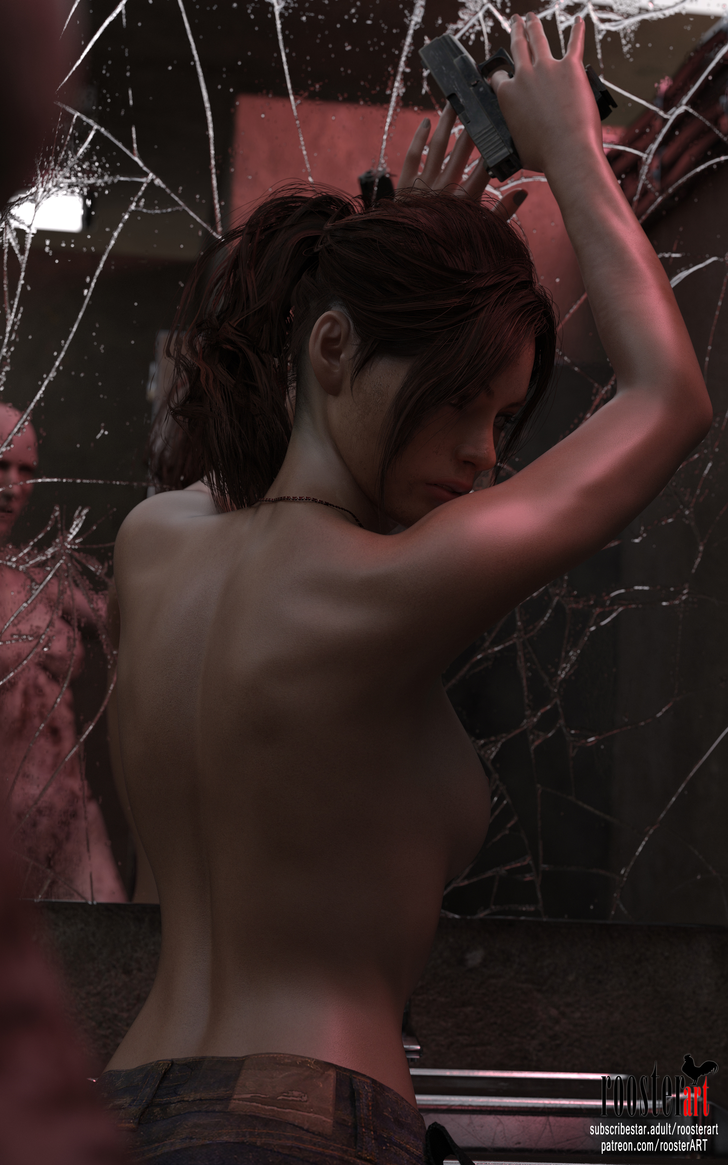 10:16, 1girls, 3d, 3d (artwork), back, bare shoulders, bathroom, breasts, brown hair, claire redfield, claire redfield (jordan mcewen), closed mouth, elbows, female, handgun, indoors, jeans, medium breasts, mirror, mirror reflection, monster, necklace, open eyes, patreon, patreon username, ponytail, resident evil, resident evil 2, roosterart, shoulders, standing, subscribestar, subscribestar username, topless, topless female, topless jeans, video game, video game character, video game franchise, zombie