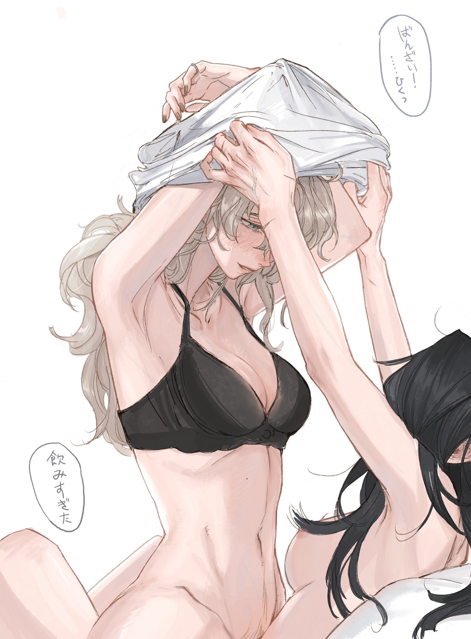 2girls, black bra, black hair, blonde hair, blue eyes, blush, bottomless, bra, breasts, cleavage, completely nude, cowgirl position, deerwhisky, female, female pubic hair, imminent sex, japanese text, long hair, looking at partner, navel, nipples, nude, original, original character, pubic hair, pubic hair peek, removing clothing, ring, shirt lift, smile, speech bubble, underwear, undressing, undressing another, unseen female face, white body, white shirt, yuri