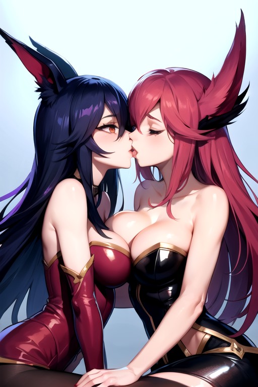 ahri ai_generated huge_breasts kissing league_of_legends vastaya xayah xayahl0ver yuri