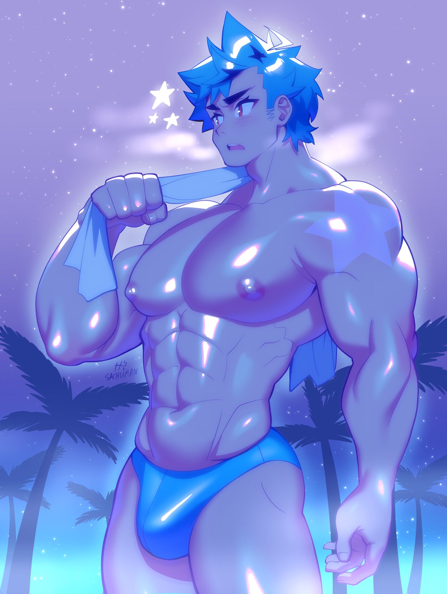 1boy, abs, bara, denbe (sachuman), gay, gay male, male, male focus, male only, muscular, muscular male, pecs, pectorals, sachuman, solo, solo male, thighs, towel, yaoi