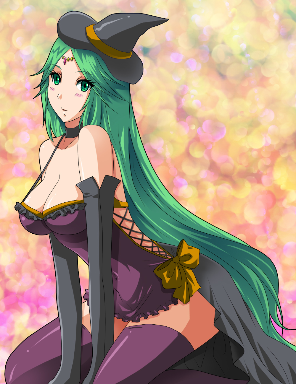 1girls, alternate costume, breasts, cleavage, female, female only, green hair, hat, kid icarus, long hair, nintendo, palutena, solo, solo female, solo focus, tagme, witch hat