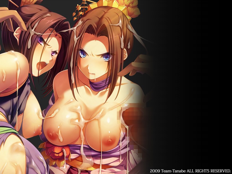 2009 2girls angry areolae bare_shoulders blue_eyes blush breasts brown_hair censored cum cum_in_mouth cum_on_breasts cum_on_hair cum_on_upper_body diao_chan dynasty_warriors hair_ornament japanese_clothes large_breasts looking_at_viewer nipples no_bra open_mouth penis pink_eyes shin_sangoku_musou short_hair team-tanabe torn_clothes zhen_ji