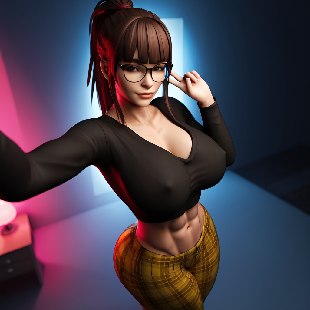 1girls 3d 3d_(artwork) abs ai ai_generated bangs bare_midriff big_ass big_breasts black_shirt blunt_bangs brown_hair brown_hair busty female glasses long_hair long_sleeves madz(oc) pawg perfect_ass perfect_body plaid plaid_pants ponytail radnsad selfie slim_girl slim_thick slim_waist solo solo_female solo_focus thick_thighs tight_clothing toned_female yellow_pants