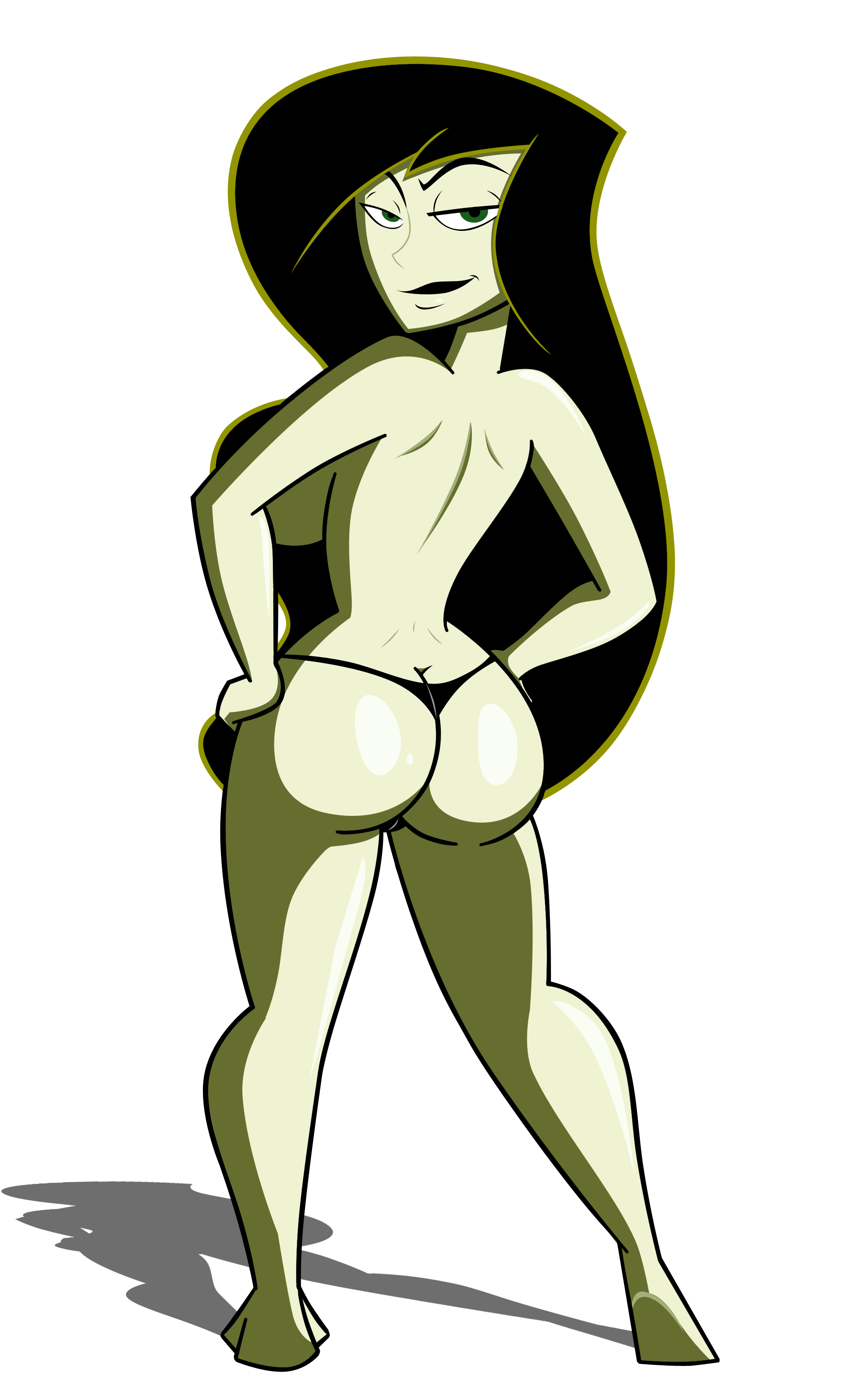 1girls, ass, black hair, breasts, bubble ass, bubble butt, disney, disney channel, female, female only, green eyes, green skin, grimphantom, human, kim possible, large breasts, long hair, looking back, shego, smile, solo, thong, topless