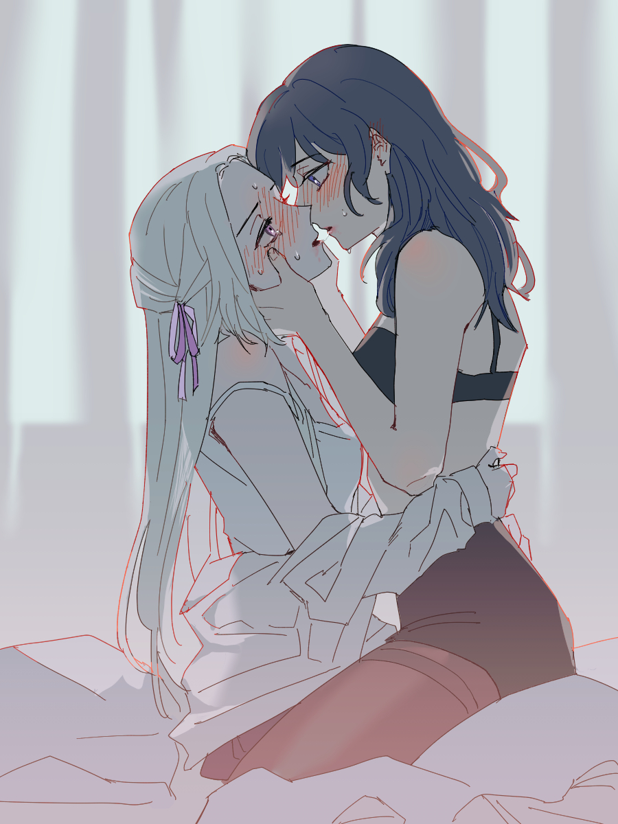 2girls, bang gu9, blue eyes, blush, byleth (fire emblem), byleth (fire emblem) (female), cute, edelgard von hresvelg, female, fire emblem, fire emblem: three houses, imminent kiss, long hair, nintendo, purple eyes, teal hair, undressing, white hair, yuri