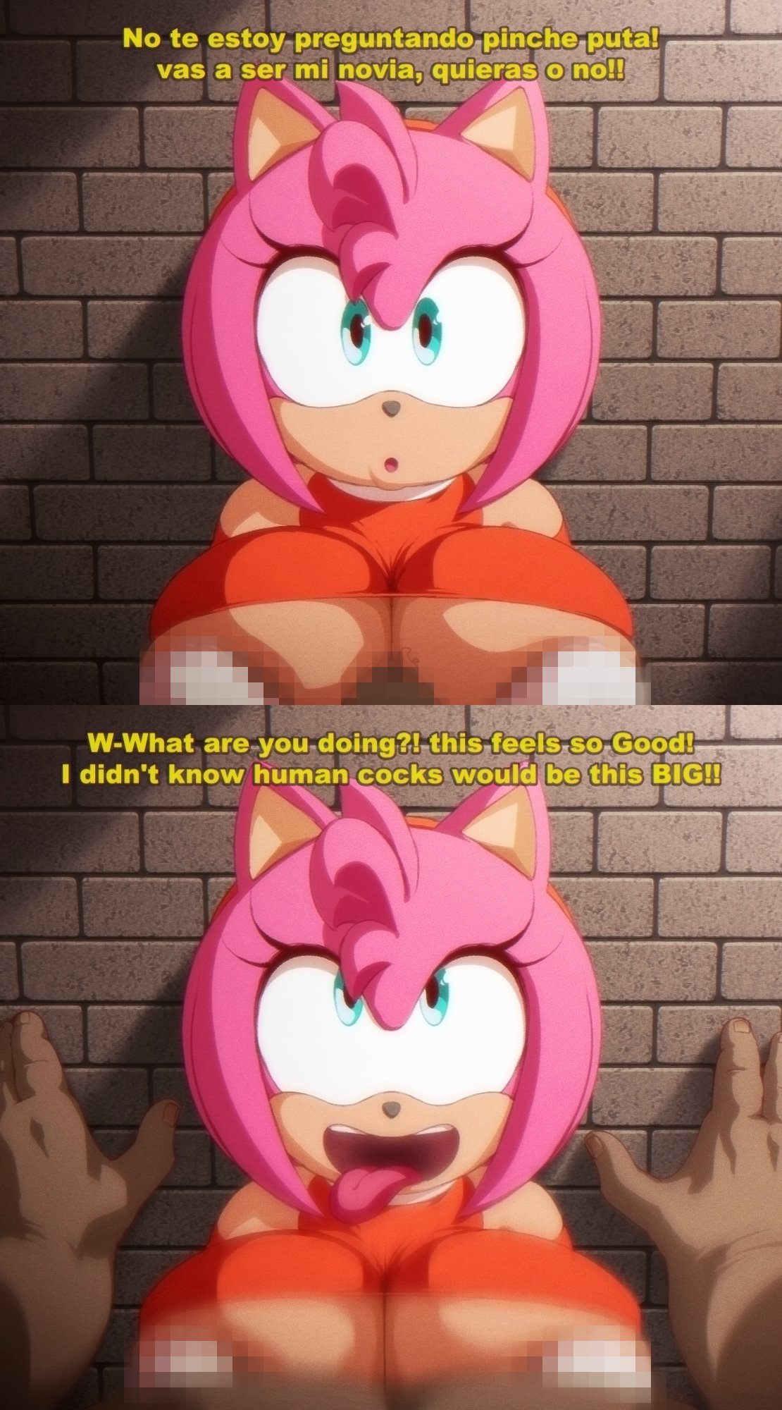 1boy 1girls amy_rose angelauxes anthro anthro_penetrated big_breasts blue_eyes breasts breasts_out censored censored_nipples cheating cheating_girlfriend comic comic_panel dialogue english_text enormous_breasts hispanic huge_breasts human_on_anthro imminent_sex implied_sex large_breasts latino mobian mobian_(species) ntr pink_body pleasure_face sega sonic_(series) sonic_adventure_2 sonic_the_hedgehog_(series) spanish_text speech talking_to_another talking_to_viewer text tongue