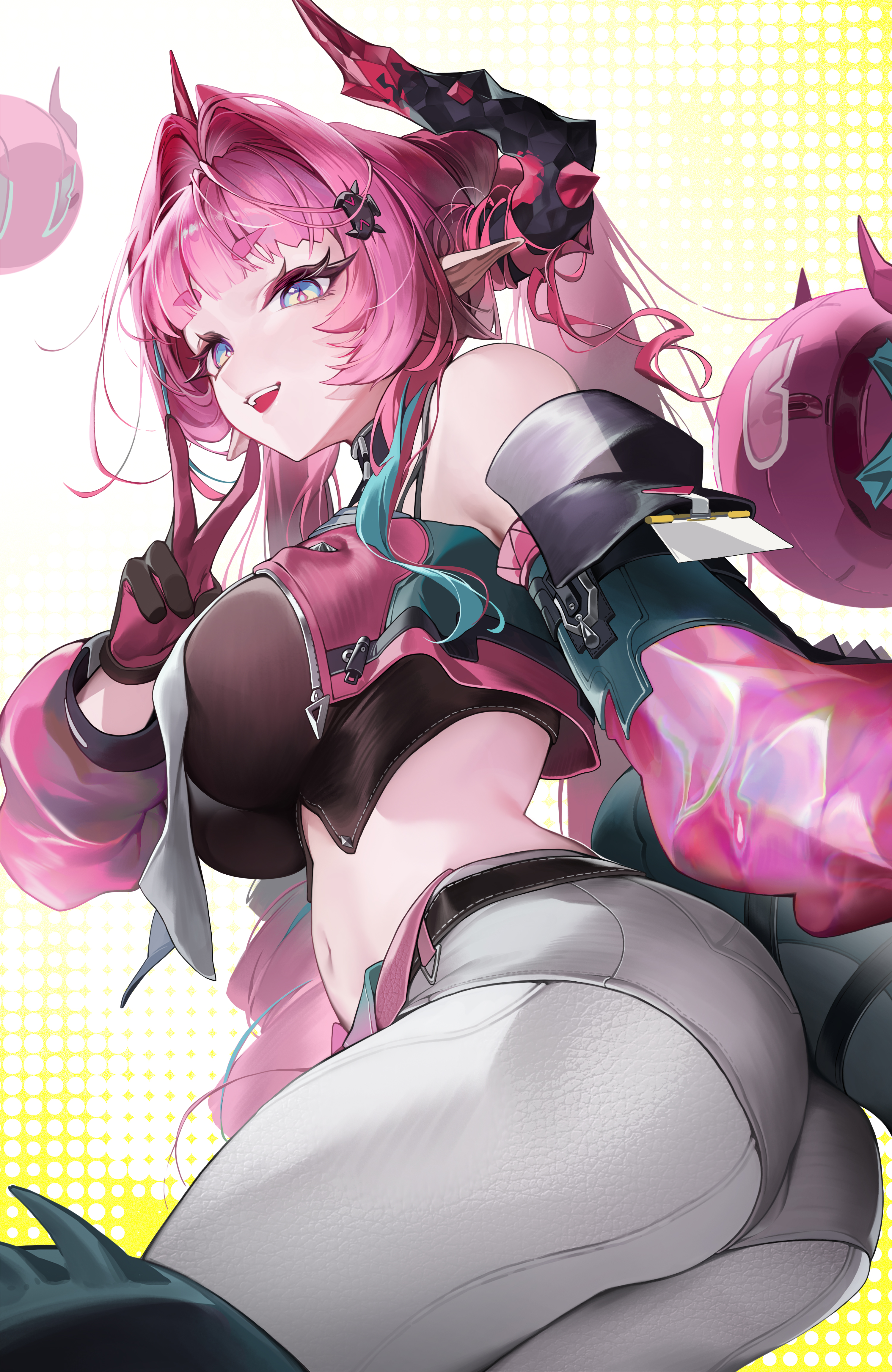 absurdres, arknights, arknights: endfield, ass, ass focus, bare shoulders, black gloves, blue eyes, blue hair, breasts, detached sleeves, dragon girl, dragon horns, dragon tail, elf ears, female, female only, gloves, highres, horns, large breasts, long hair, looking at viewer, midriff, multicolored gloves, ninebell, pants, pink gloves, pink hair, solo, stomach bulge, tail, thick tail, white pants, yvonne (arknights: endfield)