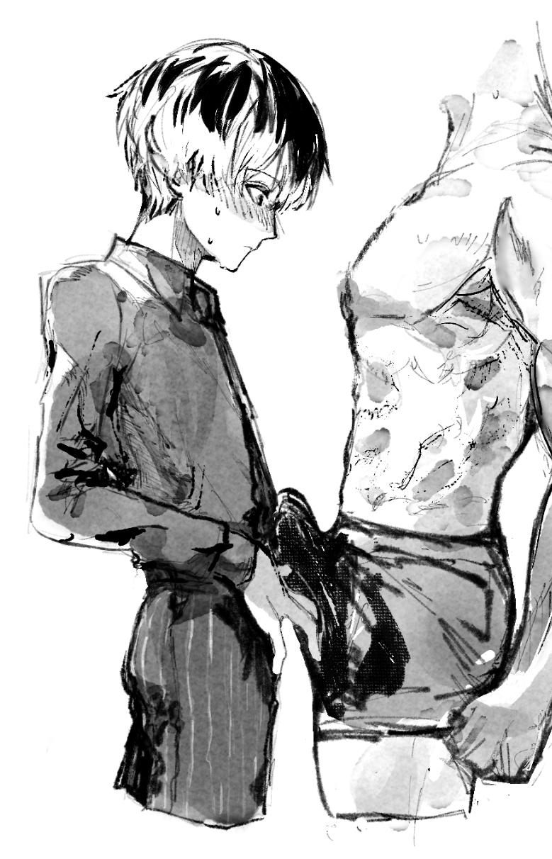 2boys abs blush bulge cropped_legs erection erection_under_clothes from_side greyscale highres long_sleeves male_focus male_underwear monochrome multicolored_hair multiple_boys muscular muscular_male numuhe pants profile sasaki_haise shirt skinny striped_clothes striped_pants sweat tokyo_ghoul tokyo_ghoul:re topless two-tone_hair underwear yaoi young