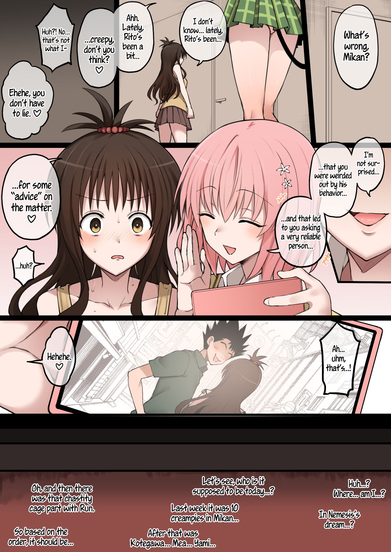 2girls, anime, brown hair, clothing, comic, english text, female, forced cuckold, manga, multiple females, multiple girls, panties, pink hair, skirt, terasu mc, to love-ru