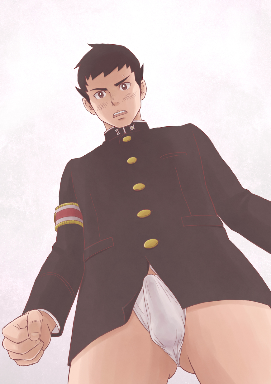 1boy arm_cuffs ass_visible_through_thighs badge balls_under_clothes big_bulge black_clothing black_hair blush_lines brown_eyes bulge bulge_through_clothing buttons capcom clenched_hand clothed cowboy_shot dai_gyakuten_saiban embarrassed_nude_male erection erection_under_clothes fingernails fundoshi gakuran gay genital_outline hi_res male male_only mature_male open_mouth pantless rokushaku_fundoshi ryunosuke_naruhodo school_uniform short_hair siroki solo standing sweat sweatdrop the_great_ace_attorney tiny_penis translucent_clothing white_background white_fundoshi yaoi