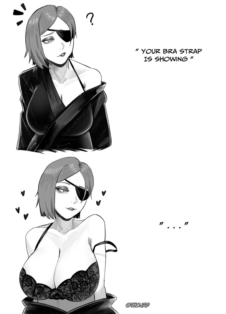 1girl, 2koma, bare shoulders, before and after, black bra, bra, bra strap is showing (meme), cleavage, comic, english text, eyepatch, greyscale, huge breasts, jjk, jujutsu kaisen, kugisaki nobara, lace bra, large breasts, lingerie, nobara kugisaki, short hair, solo, thojad