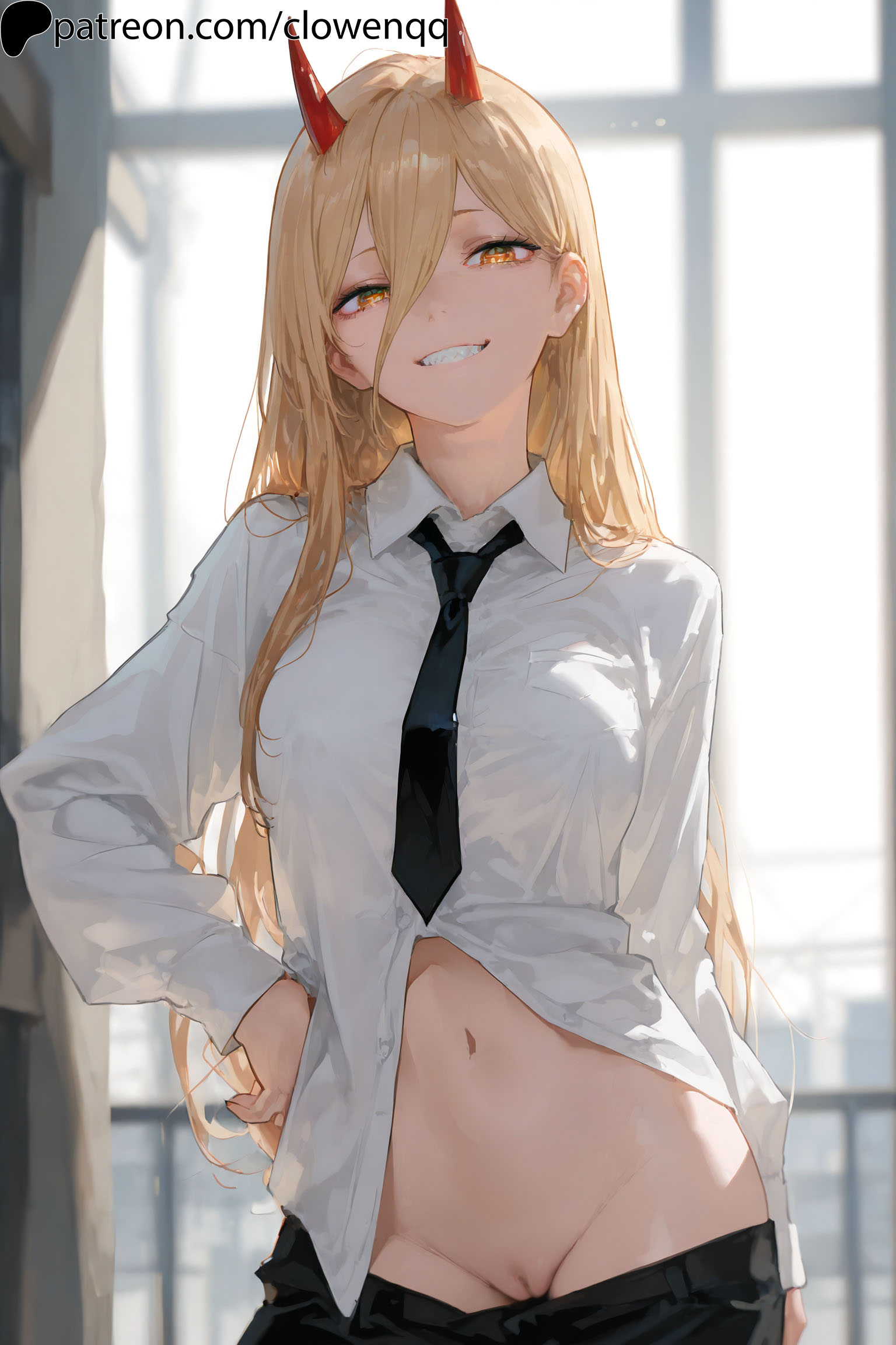 1girls, ai generated, blonde hair, breasts, chainsaw man, clowenqq, devil horns, dress shirt, exposed pussy, female, female focus, female only, front view, hair between eyes, hi res, hips, horns, long hair, looking at viewer, necktie, no panties, pants, pants down, power (chainsaw man), pussy, sharp teeth, smile, smiling, smiling at viewer, solo, solo female, solo focus, stomach, symbol-shaped pupils, uncensored, white shirt, yellow eyes