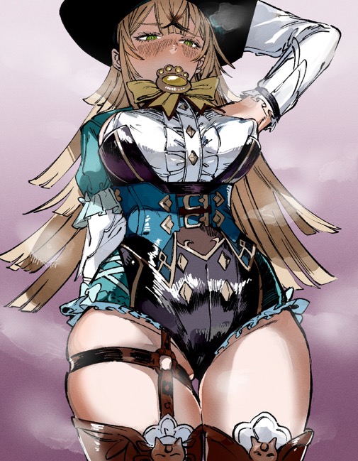 big breasts, blush, breasts, cat girl, catgirl, cleanendme, cowboy hat, female, female only, fully clothed, fully clothed female, genshin impact, hand on hat, hat, hoyoverse, kirara (genshin impact), looking down, nipples, otimusyairoha, pointy breasts, pointy nipples, shy, suggestive, suggestive look, thick thighs, thighs