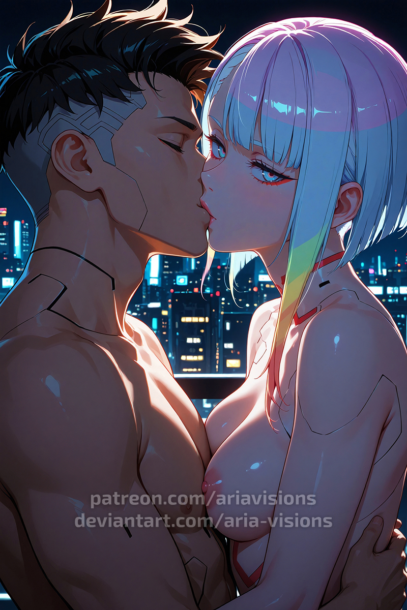 ai_assisted ariavisions breasts cyberpunk cyberpunk:_edgerunners half-closed_eyes hugging kissing looking_at_viewer lucy lucyna_kushinada multicolored_eyes multicolored_hair nude short_hair white_hair