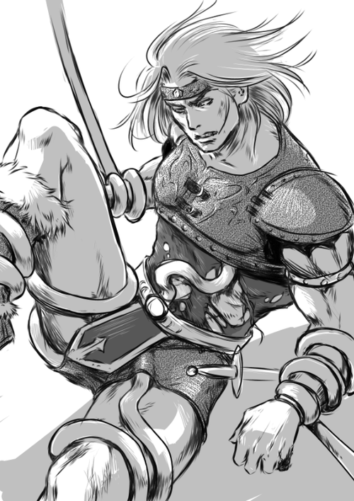 angry biceps black_and_white bondage bound captured castlevania clenched_teeth dagger headband imminent_rape leg_lift male male_only monochrome pauldrons restrained short_hair simon_belmont solo solo_male spread_legs spreading sword tentacles tentacles_on_male thighs torn_clothes weapon