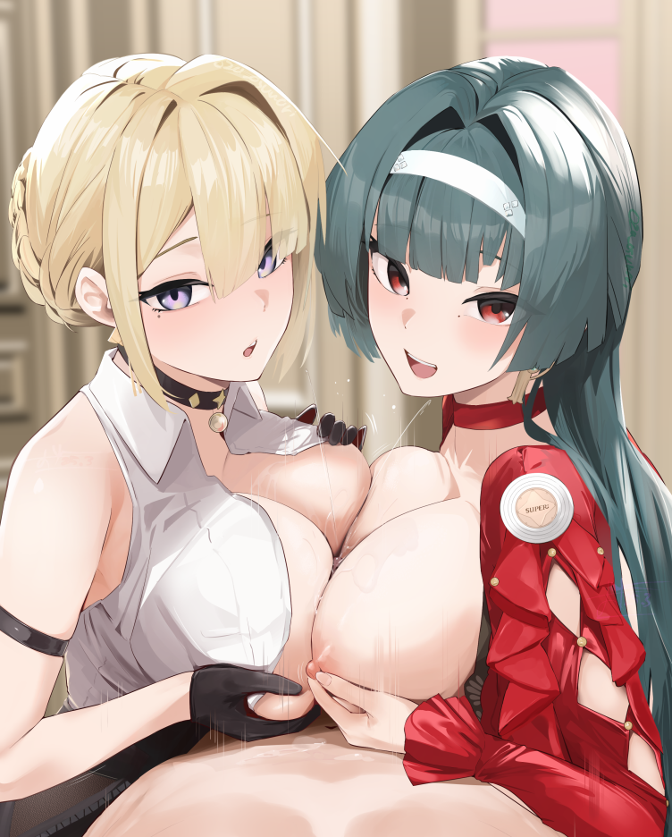 1boy 2girls astra_yao bare_shoulders black_gloves black_hair blonde_hair blush breasts breasts_squeezed_together choker collared_shirt cooperative_paizuri cropped_jacket earrings evelyn_chevalier gloves hair_ornament hairband jacket jewelry large_breasts long_hair long_sleeves looking_at_viewer medium_hair multiple_girls nipples open_mouth oza_osuwari paizuri purple_eyes red_eyes red_jacket shirt sleeveless sleeveless_shirt smile straight teamwork_(sexual) textless_version white_shirt zenless_zone_zero