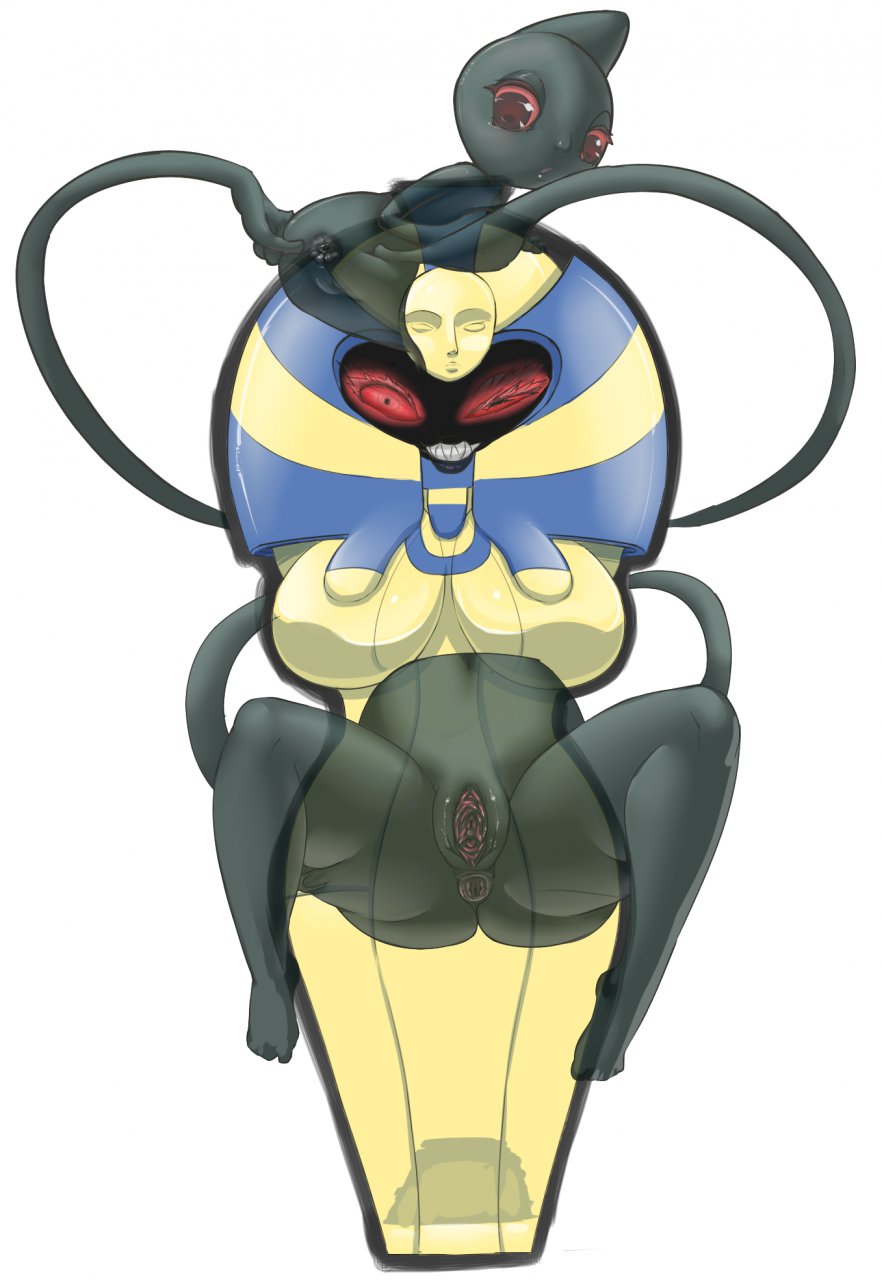 anthro black_skin breasts cofagrigus female nintendo pdxyz pokémon_(species) pokemon pussy red_eyes spread_legs yamask