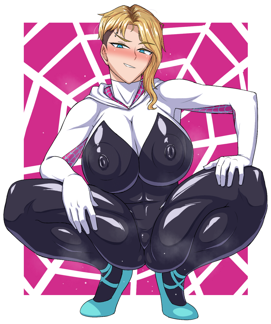 1girls, alternate breast size, big breasts, blonde hair, bodysuit, breasts, eyebrow piercing, female, gwen stacy, gwen stacy (spider-verse), marvel, marvel comics, nize, solo, spider-gwen, spider-gwen (spider-verse), spider-man (series), spider-man: across the spider-verse, spider-man: into the spider-verse, squatting
