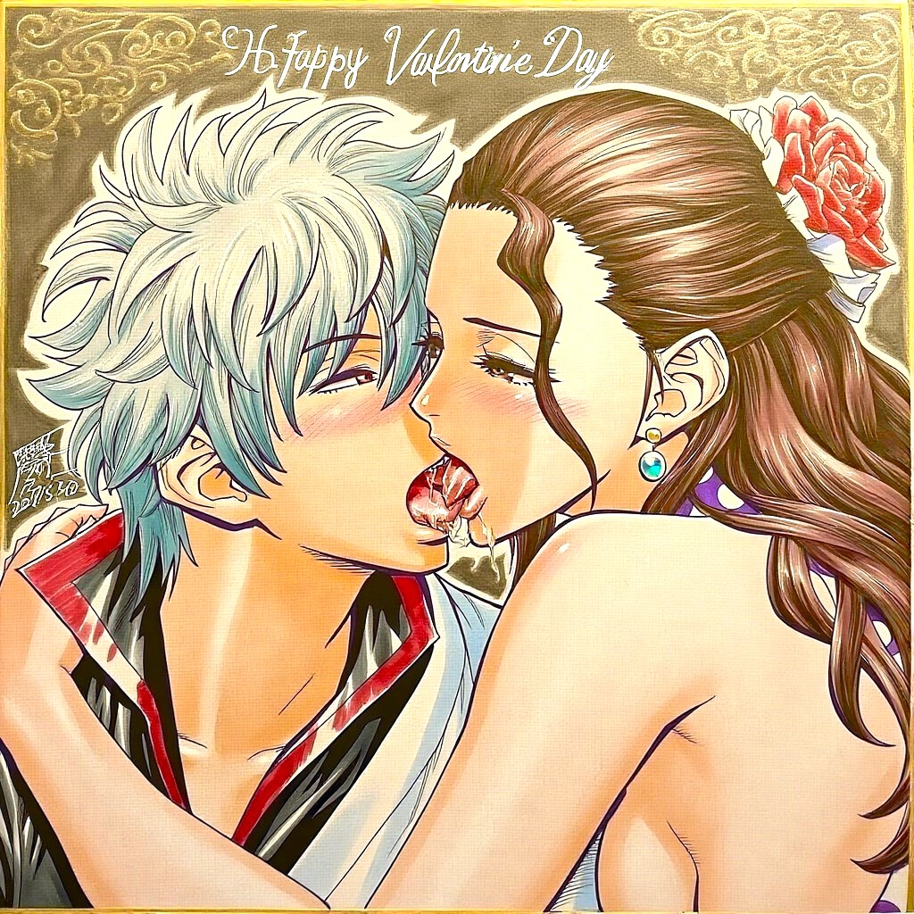 ai_generated anime anime_girl bare_shoulders blush clothing couple couple_(romantic) crossover crossover_pairing dancer drawing dreson earrings female flower flower_in_hair french_kiss gintama gintoki_kiss_viola gintoki_sakata happy_valentine hug imminent_sex kissing looking_at_another male one_piece passionate passionate_kiss rose saliva saliva_trail samurai side_boob straight tongue tongue_kiss upper_body valentine's_day viola_(one_piece)