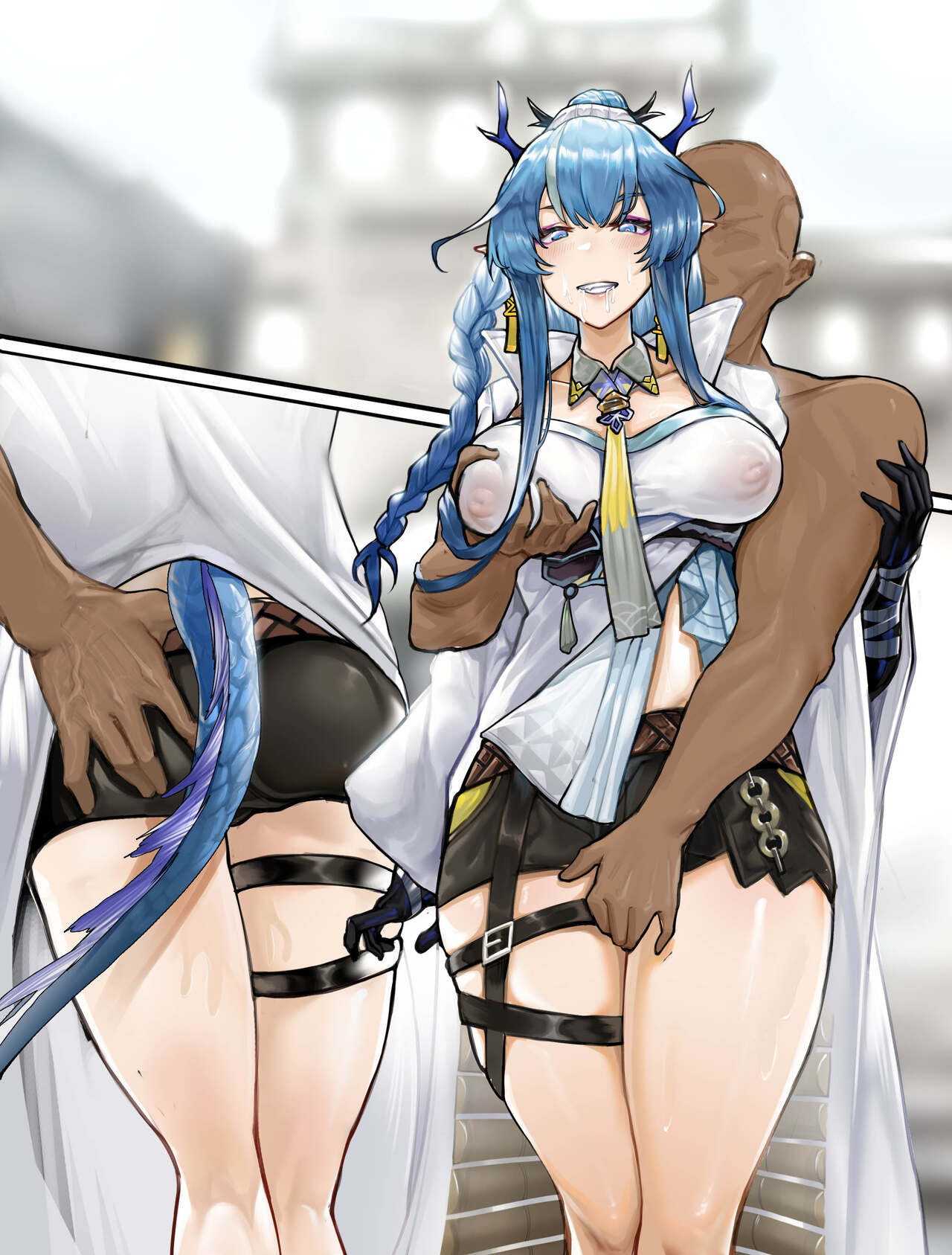 1boy 1boy1girl 1girl1boy arknights ass_grab blue_eyes blue_hair blue_tail braid dark-skinned_male dragon_girl drooling female fingering grabbing grabbing_another's_breast grabbing_ass grabbing_from_behind groping groping_ass groping_from_behind horns hvvt interracial inverted_nipples ling_(arknights) puffy_nipples tagme thick_thighs