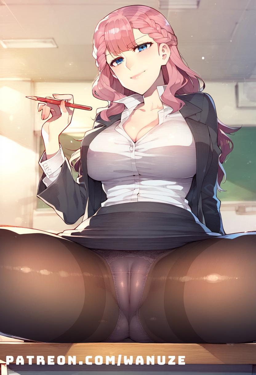 ai_generated big_ass big_breasts big_butt big_thighs blue_eyes blush braid cameltoe huge_ass huge_breasts huge_butt huge_thighs kirisu_mafuyu_(bokuben) pantyhose pink_hair school sitting spread_legs twin_braids wanuze white_panties white_shirt wide_hips