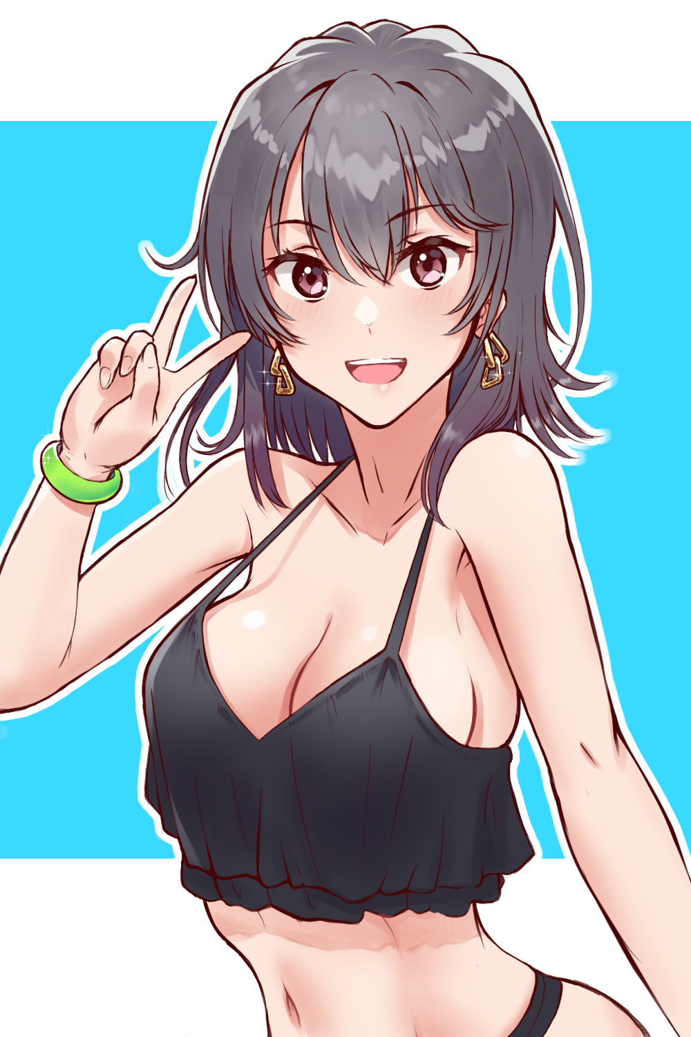 1girls alluring bikini black_bikini black_hair blue_background cleavage collarbone colored_tips earrings high_res jewelry kejanbo0111 looking_at_viewer medium_breasts medium_hair multicolored_hair my_teen_romantic_comedy_snafu navel open_mouth purple_eyes silf smile swimsuit two-tone_background v white_background yukinoshita_haruno