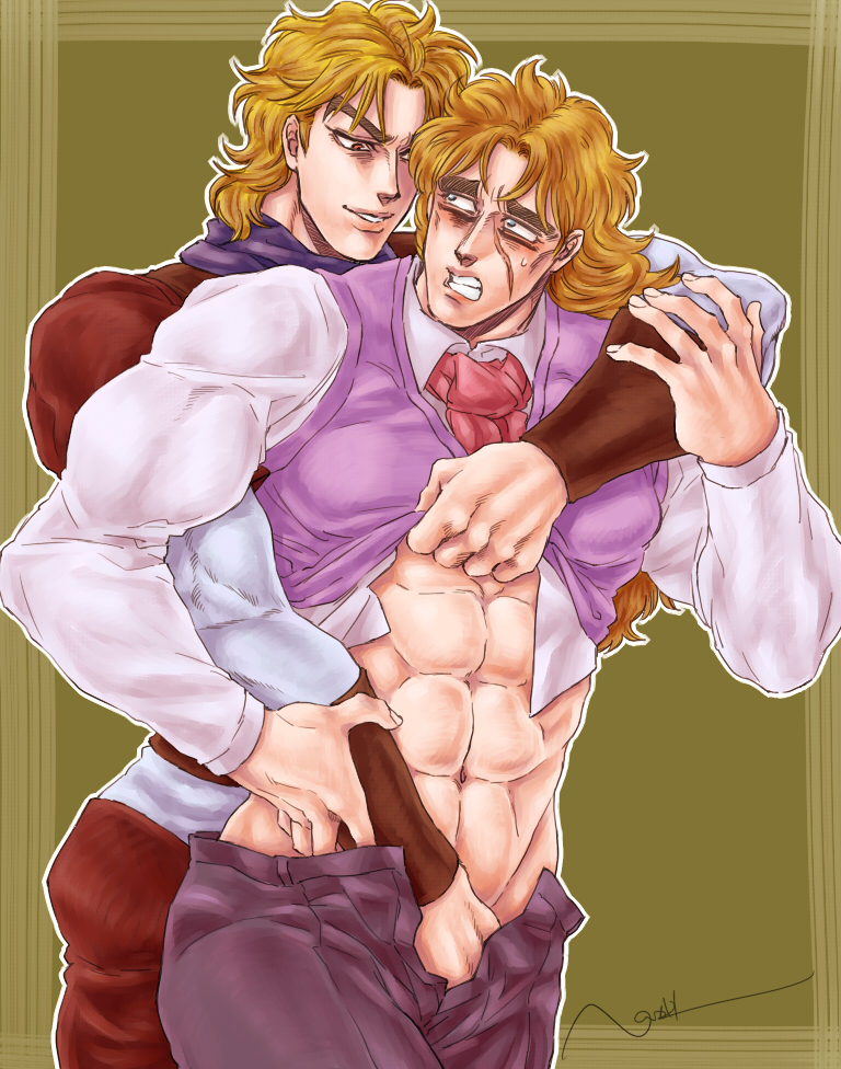 2boys abs blonde blonde_hair blonde_hair_male blonde_male blush dio_brando erakan face_scar from_behind gay hand_down_pants jojo's_bizarre_adventure male male_only muscular muscular_male phantom_blood robert_edward_o_speedwagon scar scar_on_face tagme yaoi