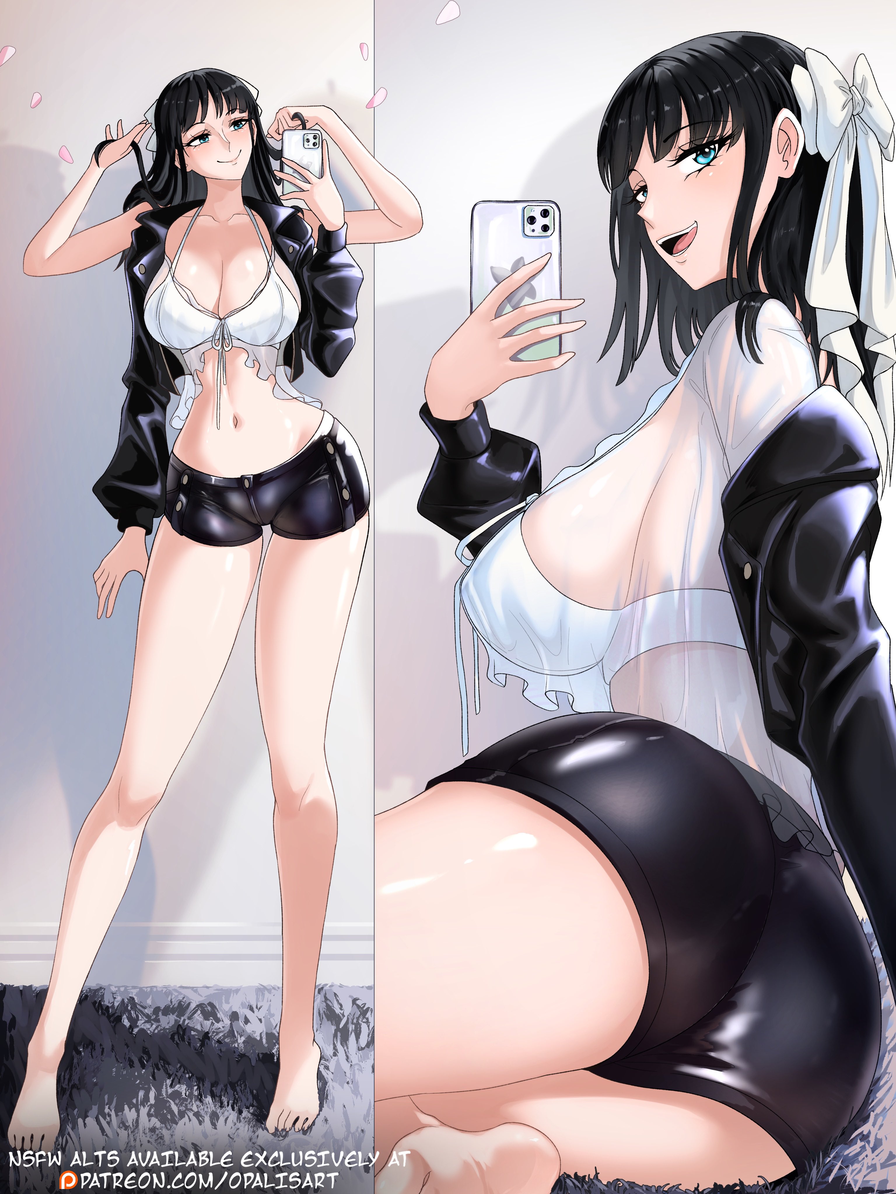 1girls, ass, bare legs, barefoot, belly button, big ass, big breasts, black body, black hair, black-haired female, blue eyes, bra, breasts, child bearing hips, cleavage, clothing, feet, female, female only, hana hana no mi, long hair, long legs, looking at viewer, nico robin, nipple bulge, one piece, opalisart, playing with hair, posing, posing for picture, post-timeskip, revealing clothes, see-through, see-through clothing, see-through top, shiny clothes, shorts, side view, sideboob, smiling at viewer, tagme, taking picture, tall female, thick thighs, top
