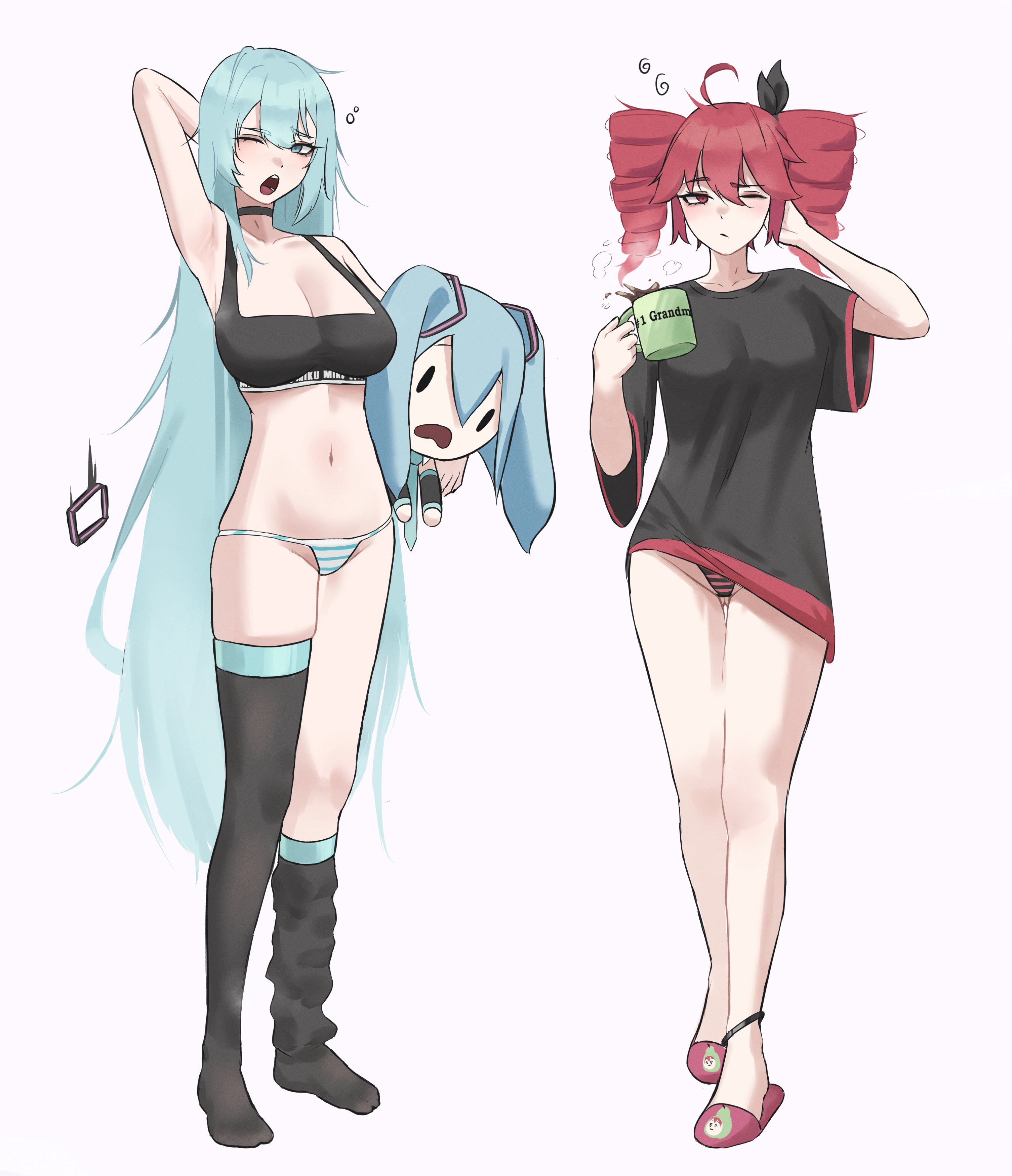 2d, 2d (artwork), 2girls, ahoge, alternate hairstyle, aqua hair, arm behind head, arm up, armpits, ass visible through thighs, asymmetrical legwear, belly, black choker, black ribbon, black shirt, bland0 0, blue eyes, blue hair, bra, breasts, casual clothes, character doll, character print, choker, cleavage, coffee mug, crossover, cup, drill hair, female, female only, full body, fuwapuchi miku, hair ribbon, hairbow, hatsune miku, holding, holding cup, kasane teto, kasane teto (sv), large breasts, long hair, looking at viewer, loose clothes, mature female, medium breasts, mug, multiple girls, navel, one eye closed, open mouth, oversized shirt, panties, pear, pearto, plushie, red eyes, red hair, ribbon, rubbing eyes, shirt, simple background, single thighhigh, sleepy, slippers, socks, sports bra, standing, steam, striped, striped panties, synthesizer v, thigh gap, thighhighs, thighs, twin drills, twintails, underwear, utau, very long hair, vocaloid, waking up, white background, yawn, yawning