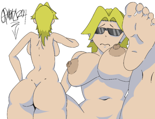 1girls 2d 2d_(artwork) areolae big_ass big_breasts blonde_hair completely_nude completely_nude_female earrings feet female female_only multiple_views naked naked_female nipples nude nude_female self_upload sitting solo solo_female standing sunglasses tinted_eyewear