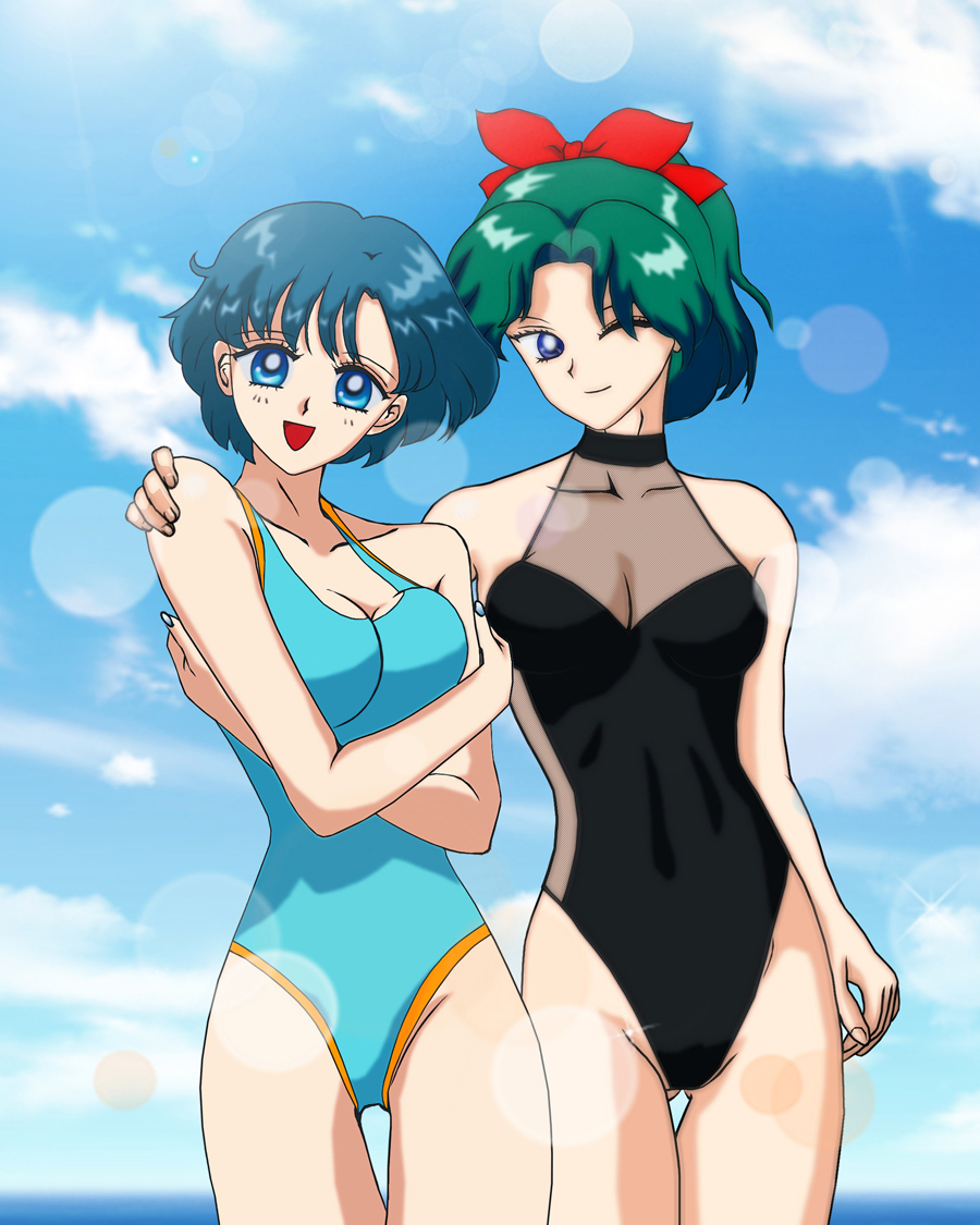 2girls alluring ami_mizuno bikini bishoujo_senshi_sailor_moon black_one-piece_swimsuit blue_eyes blue_hair blue_one-piece_swimsuit blue_sky cleavage cllbig medium_breasts michiru_kaioh michiru_kaiou ocean one-piece_swimsuit pin_up sailor_mercury sailor_neptune swimsuit teal_hair