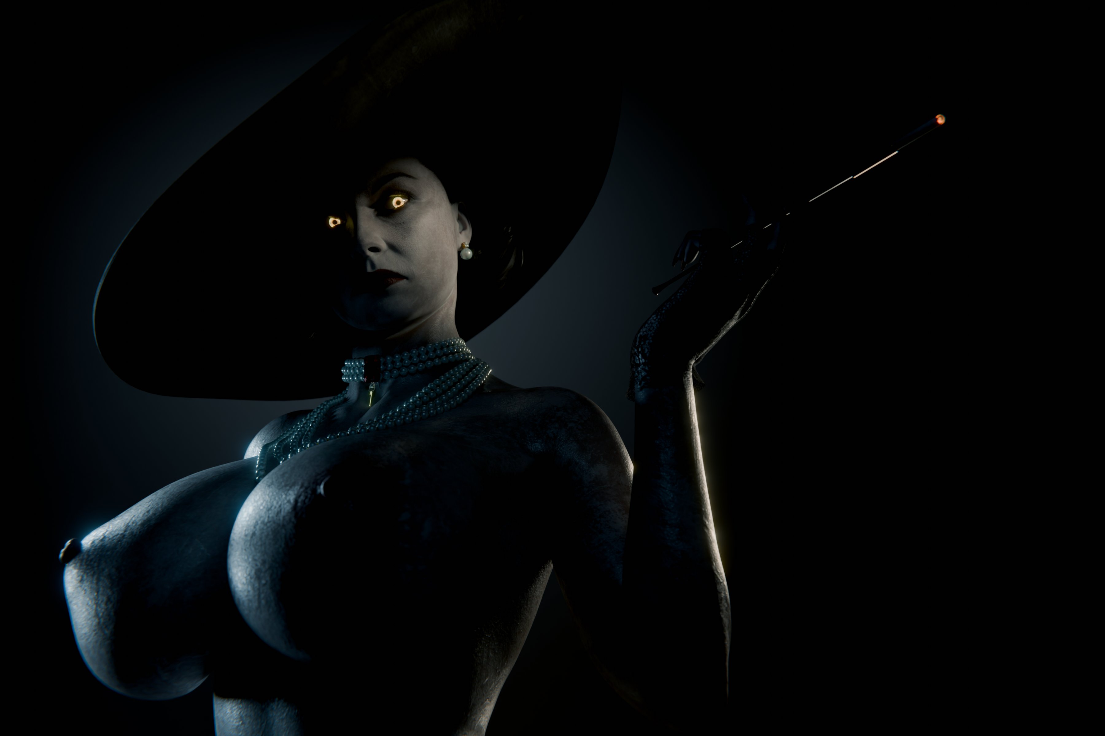 1girls, 3d, alcina dimitrescu, big breasts, breasts, busty, dark lighting, female, female only, glowing eyes, hat, huge breasts, large breasts, light skin, light-skinned female, long cigarette, milf, necklace, nipples, pale skin, pale-skinned female, resident evil, resident evil 8: village, serpentorder, solo, upper body, upper body focus, wide brim hat, wide-brimmed hat